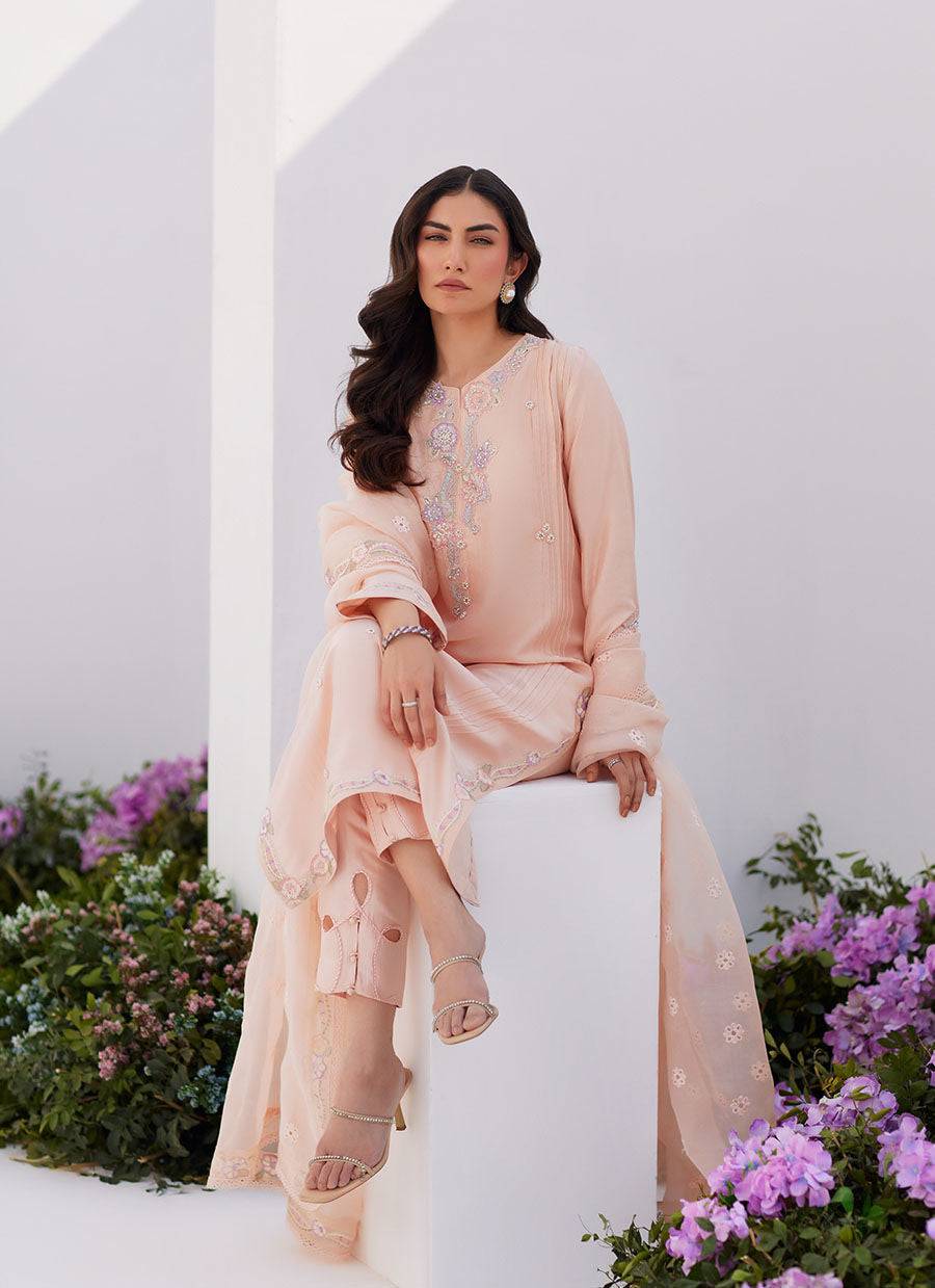 Farah Talib Aziz | Zaza Luxe Pret 24 | ELEA PEACH EMBROIDERED RAW SILK SHIRT AND DUPATTA - Pakistani Designer Dress - by Farah Talib Aziz | Type: Luxury - 100% Original at Saira Sultan