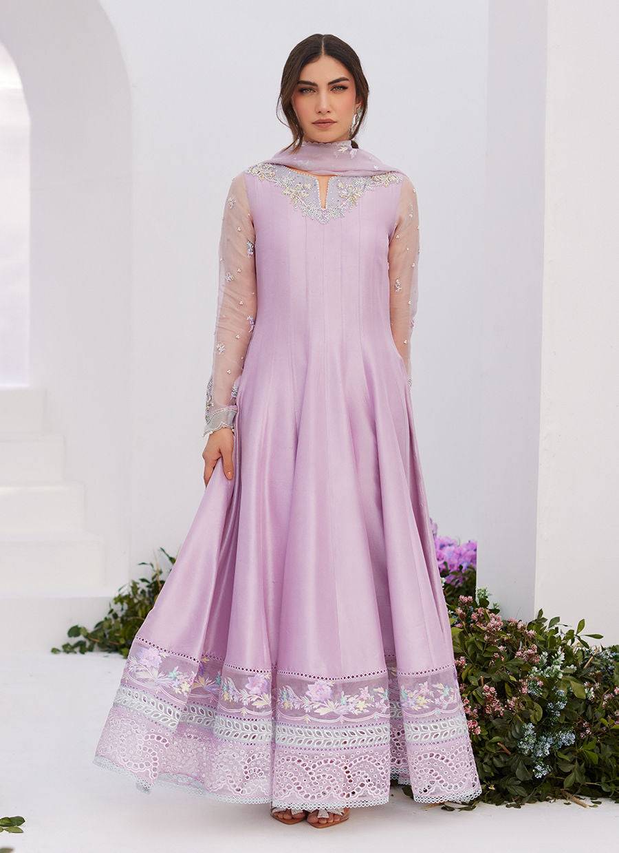 Farah Talib Aziz | Zaza Luxe Pret 24 | MANON LILAC EMBELLISHED RAW SILK KALIDAAR - Pakistani Designer Dress - by Farah Talib Aziz | Type: Luxury - 100% Original at Saira Sultan