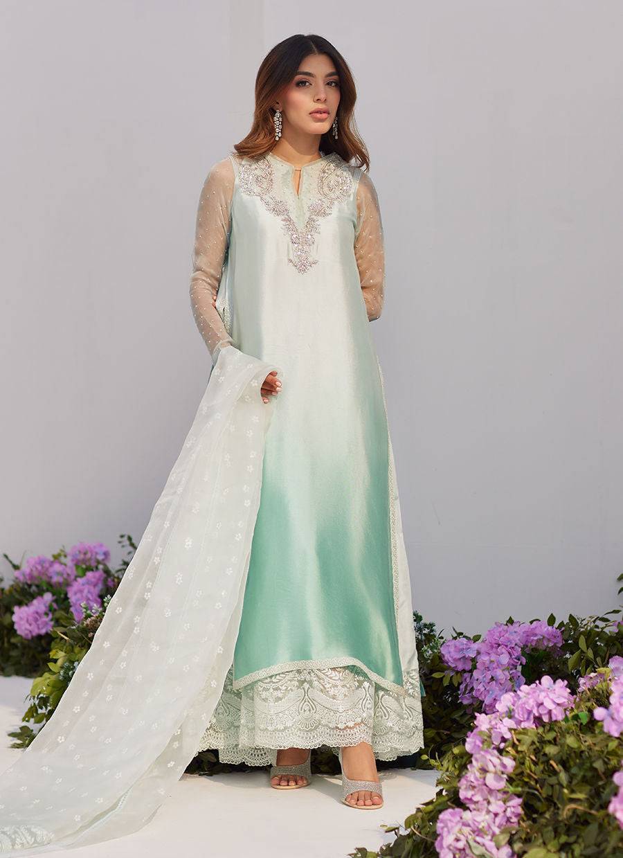 Farah Talib Aziz | Zaza Luxe Pret 24 | SOLENE AQUA OMBRE EMBELLISHED COLUMN SHIRT WITH EMBROIDERED KALIDAAR SLIP - Pakistani Designer Dress - by Farah Talib Aziz | Type: Luxury - 100% Original at Saira Sultan