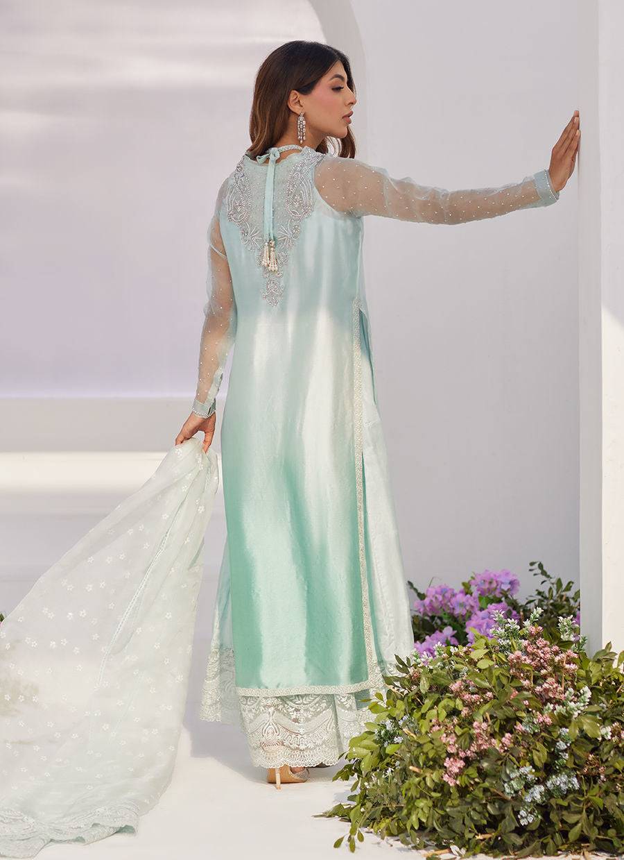 Farah Talib Aziz | Zaza Luxe Pret 24 | SOLENE AQUA OMBRE EMBELLISHED COLUMN SHIRT WITH EMBROIDERED KALIDAAR SLIP - Pakistani Designer Dress - by Farah Talib Aziz | Type: Luxury - 100% Original at Saira Sultan