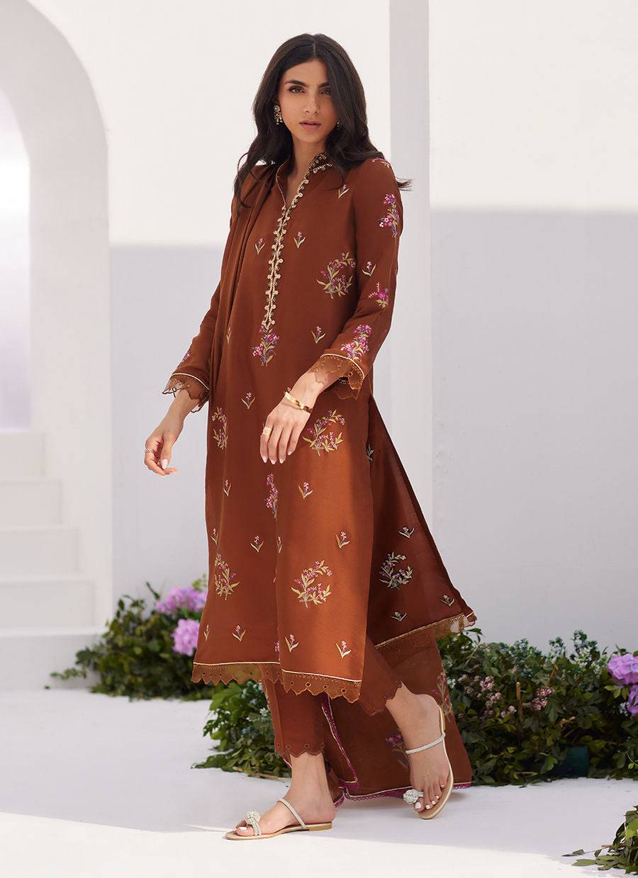 Farah Talib Aziz | Zaza Luxe Pret 24 | NOEMIE CHOCOLATE EMBROIDERED RAW SILK SHIRT AND DUPATTA - Pakistani Designer Dress - by Farah Talib Aziz | Type: Luxury - 100% Original at Saira Sultan