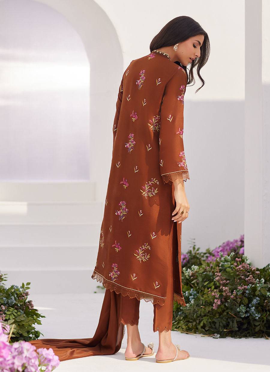 Farah Talib Aziz | Zaza Luxe Pret 24 | NOEMIE CHOCOLATE EMBROIDERED RAW SILK SHIRT AND DUPATTA - Pakistani Designer Dress - by Farah Talib Aziz | Type: Luxury - 100% Original at Saira Sultan