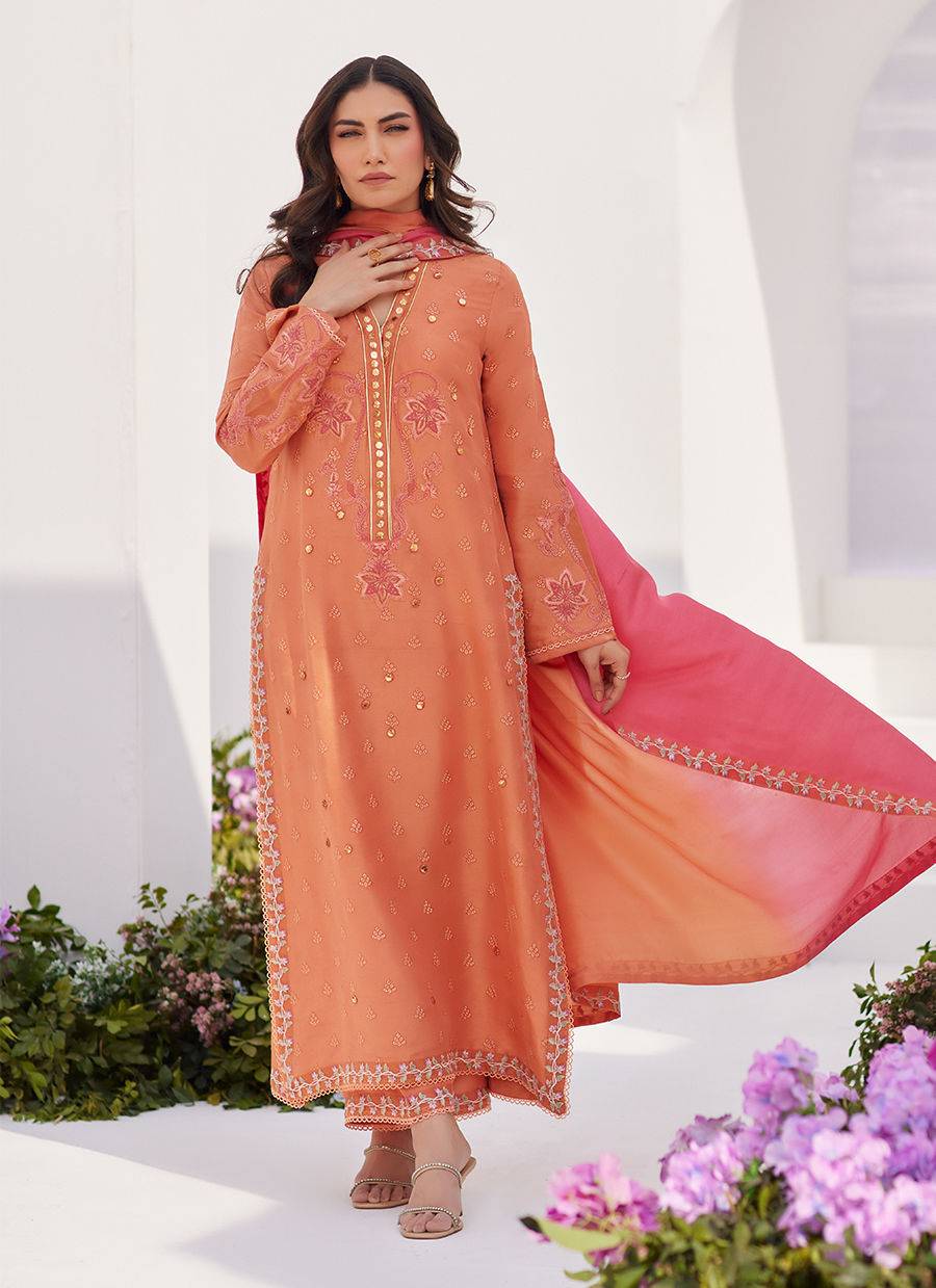 Farah Talib Aziz | Zaza Luxe Pret 24 | ELYNA CORAL EMBROIDERED RAW SILK SHIRT AND DUPATTA - Pakistani Designer Dress - by Farah Talib Aziz | Type: Luxury - 100% Original at Saira Sultan