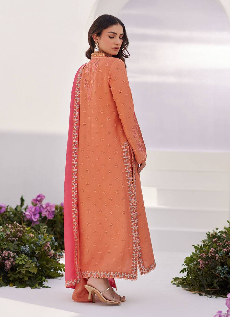 Farah Talib Aziz | Zaza Luxe Pret 24 | ELYNA CORAL EMBROIDERED RAW SILK SHIRT AND DUPATTA - Pakistani Designer Dress - by Farah Talib Aziz | Type: Luxury - 100% Original at Saira Sultan