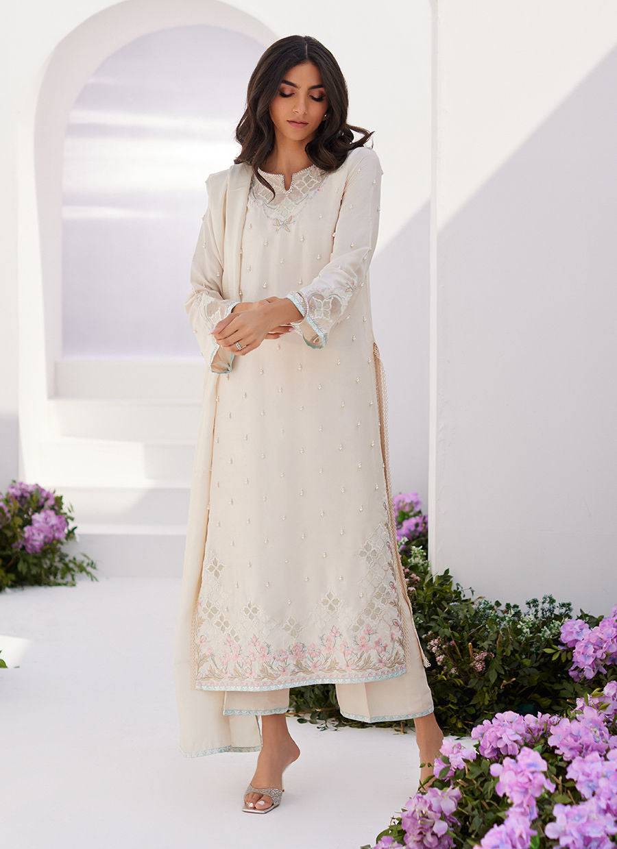 Farah Talib Aziz | Zaza Luxe Pret 24 | LYA IVORY EMBELLISHED RAW SILK SHIRT AND DUPATTA - Pakistani Designer Dress - by Farah Talib Aziz | Type: Luxury - 100% Original at Saira Sultan