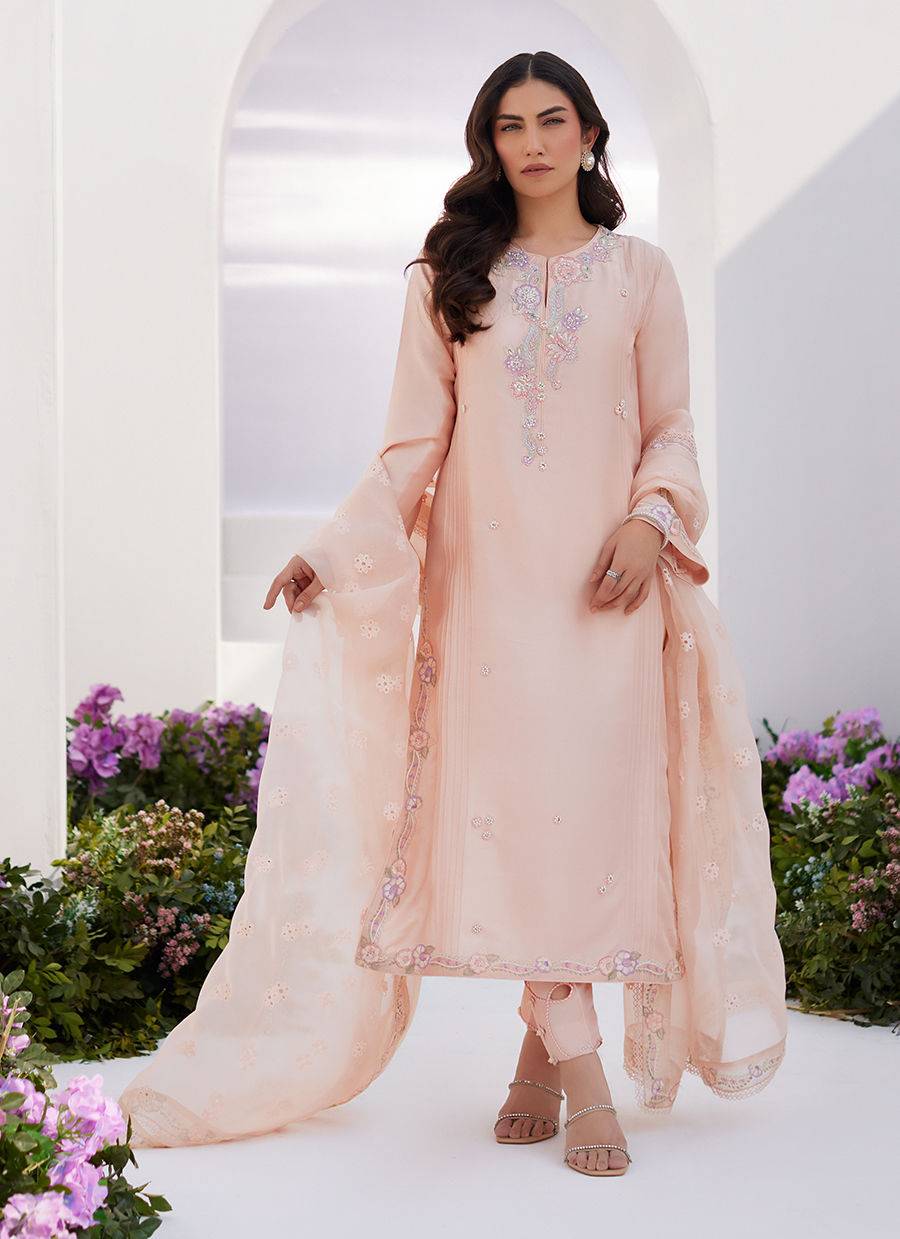 Farah Talib Aziz | Zaza Luxe Pret 24 | ELEA PEACH EMBROIDERED RAW SILK SHIRT AND DUPATTA - Pakistani Designer Dress - by Farah Talib Aziz | Type: Luxury - 100% Original at Saira Sultan