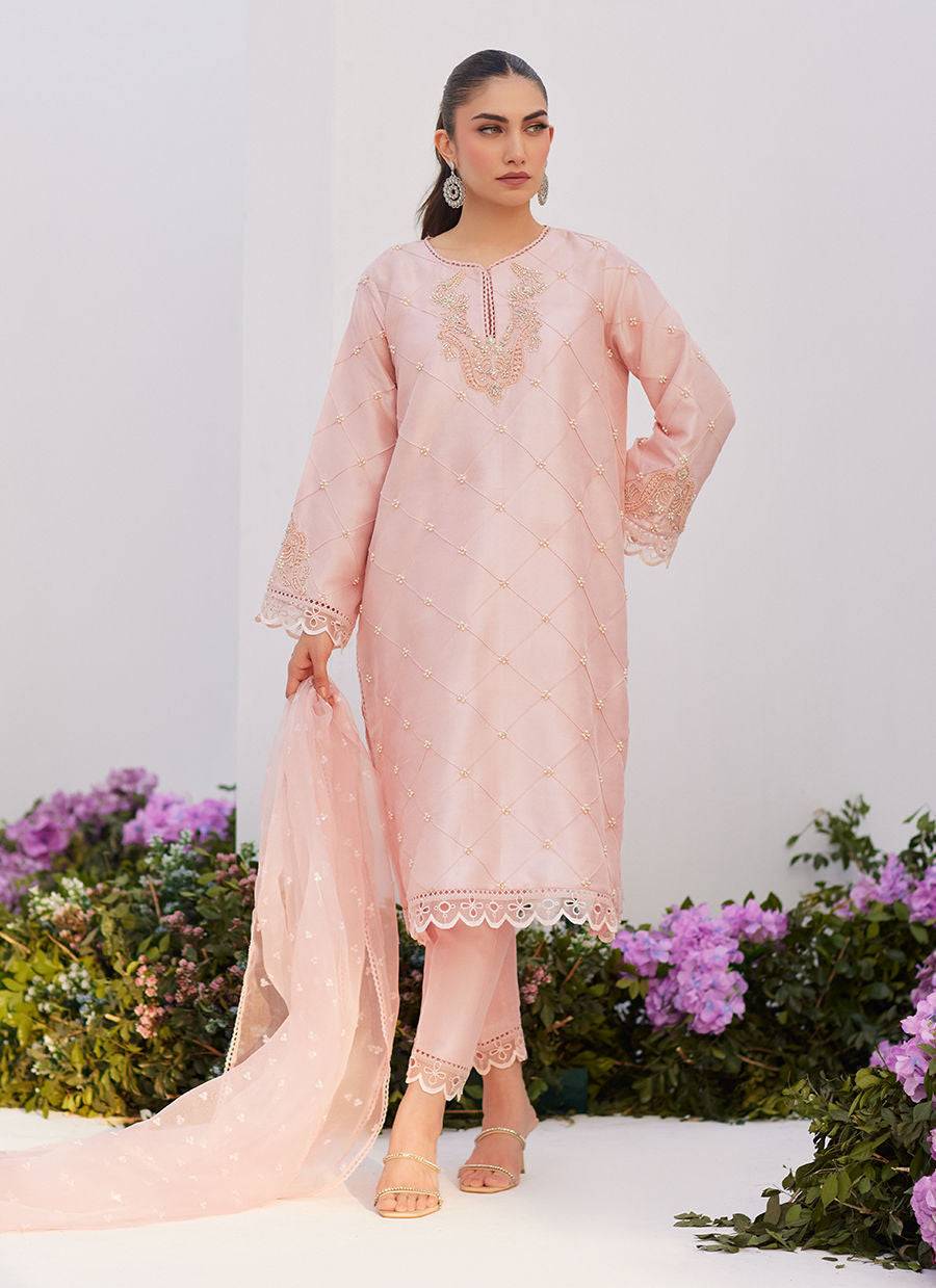 Farah Talib Aziz | Zaza Luxe Pret 24 | BEBE BLUSH PINK EMBELLISHED RAW SILK KURTA SHIRT AND DUPATTA - Pakistani Designer Dress - by Farah Talib Aziz | Type: Luxury - 100% Original at Saira Sultan
