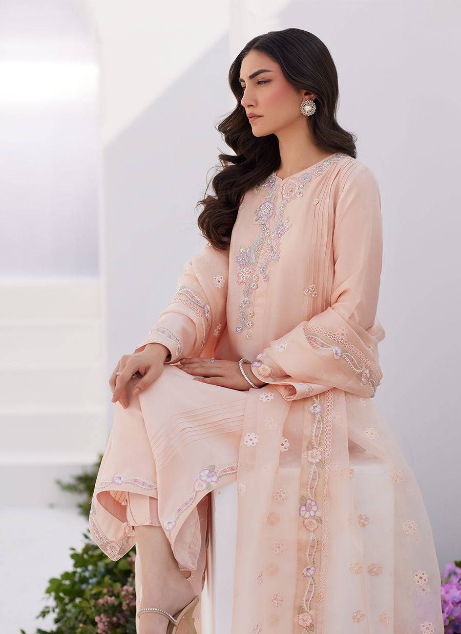 Farah Talib Aziz | Zaza Luxe Pret 24 | ELEA PEACH EMBROIDERED RAW SILK SHIRT AND DUPATTA - Pakistani Designer Dress - by Farah Talib Aziz | Type: Luxury - 100% Original at Saira Sultan