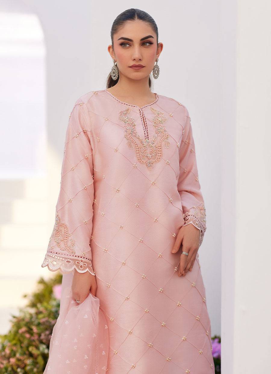 Farah Talib Aziz | Zaza Luxe Pret 24 | BEBE BLUSH PINK EMBELLISHED RAW SILK KURTA SHIRT AND DUPATTA - Pakistani Designer Dress - by Farah Talib Aziz | Type: Luxury - 100% Original at Saira Sultan