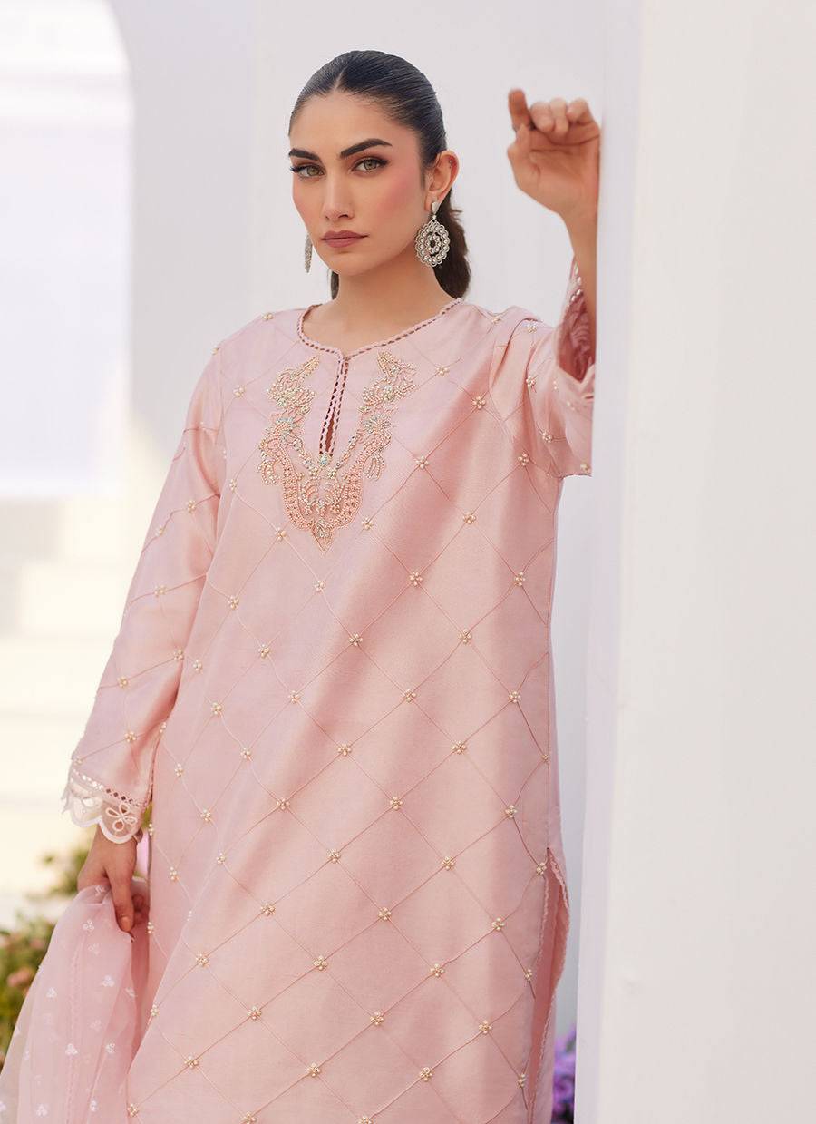 Farah Talib Aziz | Zaza Luxe Pret 24 | BEBE BLUSH PINK EMBELLISHED RAW SILK KURTA SHIRT AND DUPATTA - Pakistani Designer Dress - by Farah Talib Aziz | Type: Luxury - 100% Original at Saira Sultan