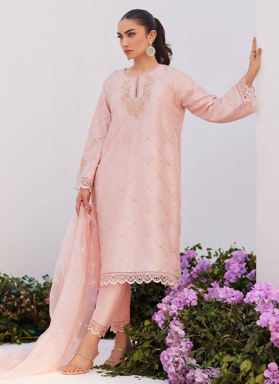 Farah Talib Aziz | Zaza Luxe Pret 24 | BEBE BLUSH PINK EMBELLISHED RAW SILK KURTA SHIRT AND DUPATTA - Pakistani Designer Dress - by Farah Talib Aziz | Type: Luxury - 100% Original at Saira Sultan