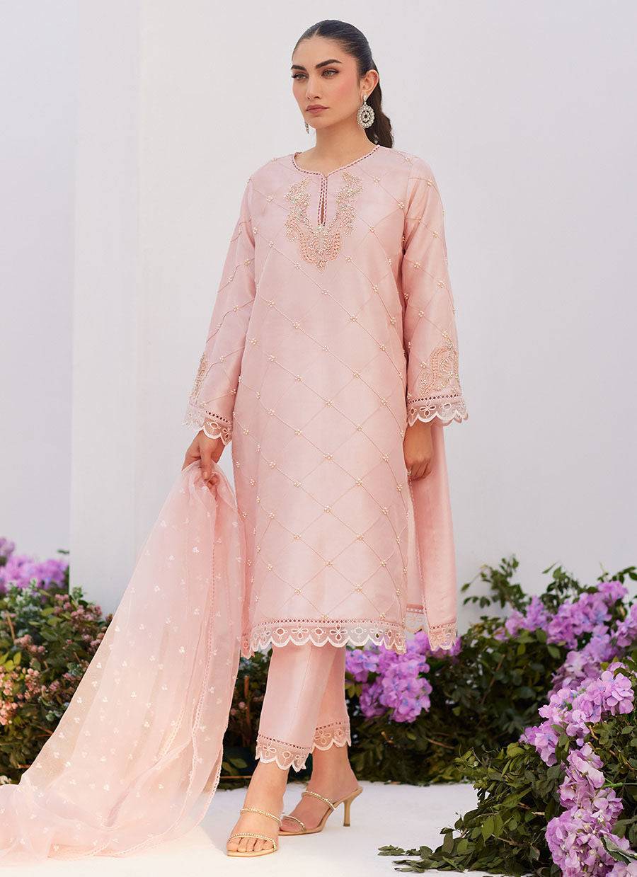 Farah Talib Aziz | Zaza Luxe Pret 24 | BEBE BLUSH PINK EMBELLISHED RAW SILK KURTA SHIRT AND DUPATTA - Pakistani Designer Dress - by Farah Talib Aziz | Type: Luxury - 100% Original at Saira Sultan