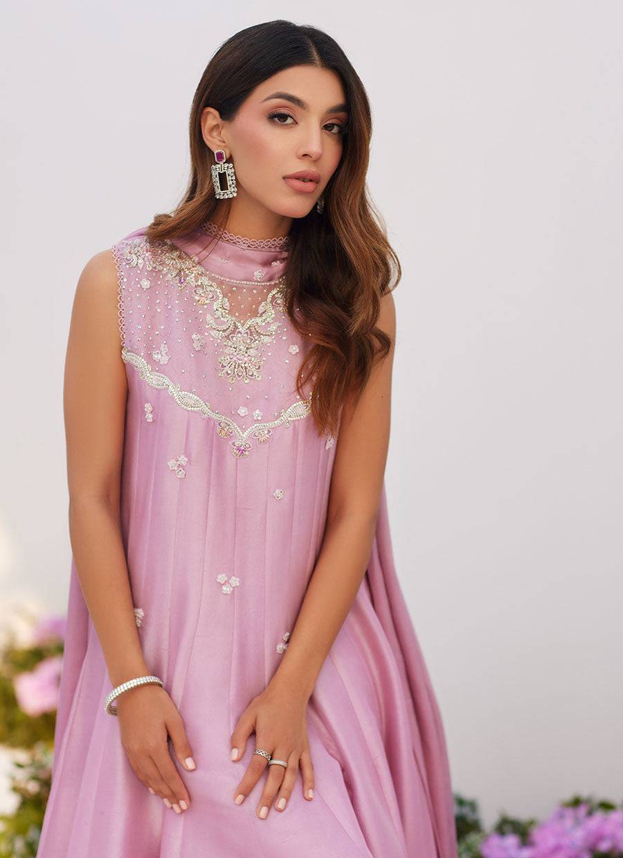 Farah Talib Aziz | Zaza Luxe Pret 24 | CECE MAUVE EMBELLISHED RAW SILK KALIDAR WITH CHARMUESE DUPATTA - Pakistani Designer Dress - by Farah Talib Aziz | Type: Luxury - 100% Original at Saira Sultan
