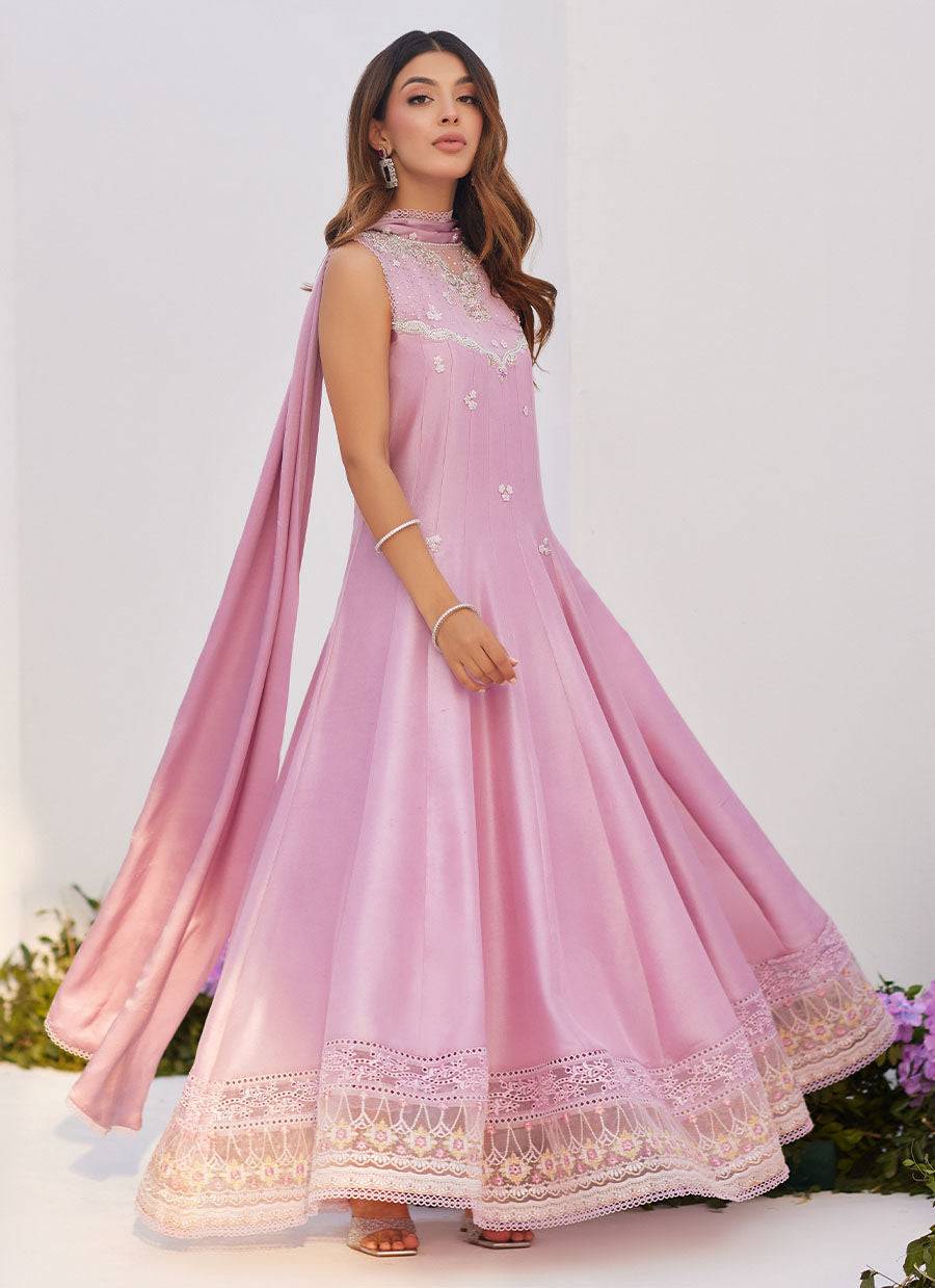 Farah Talib Aziz | Zaza Luxe Pret 24 | CECE MAUVE EMBELLISHED RAW SILK KALIDAR WITH CHARMUESE DUPATTA - Pakistani Designer Dress - by Farah Talib Aziz | Type: Luxury - 100% Original at Saira Sultan