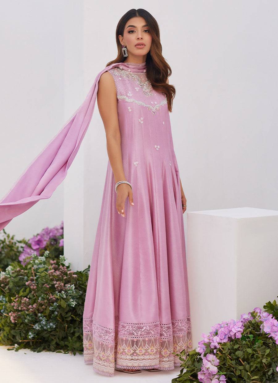 Farah Talib Aziz | Zaza Luxe Pret 24 | CECE MAUVE EMBELLISHED RAW SILK KALIDAR WITH CHARMUESE DUPATTA - Pakistani Designer Dress - by Farah Talib Aziz | Type: Luxury - 100% Original at Saira Sultan