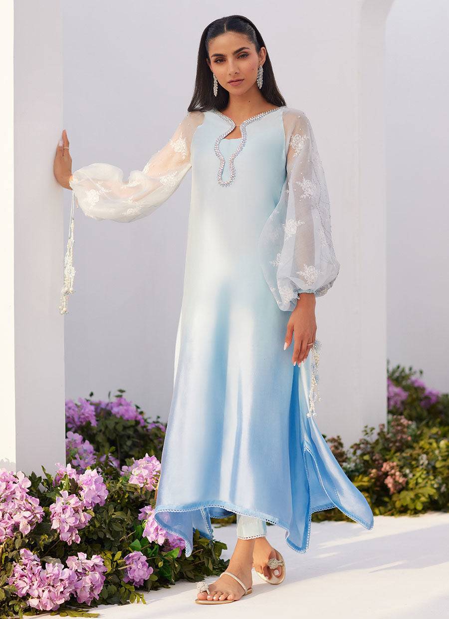 Farah Talib Aziz | Zaza Luxe Pret 24 | BOW OMBRE BLUE EMBELLISHED KAFTAN CUT SHIRT - Pakistani Designer Dress - by Farah Talib Aziz | Type: Luxury - 100% Original at Saira Sultan