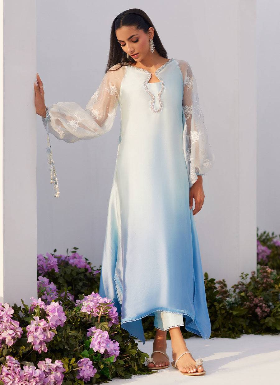 Farah Talib Aziz | Zaza Luxe Pret 24 | BOW OMBRE BLUE EMBELLISHED KAFTAN CUT SHIRT - Pakistani Designer Dress - by Farah Talib Aziz | Type: Luxury - 100% Original at Saira Sultan