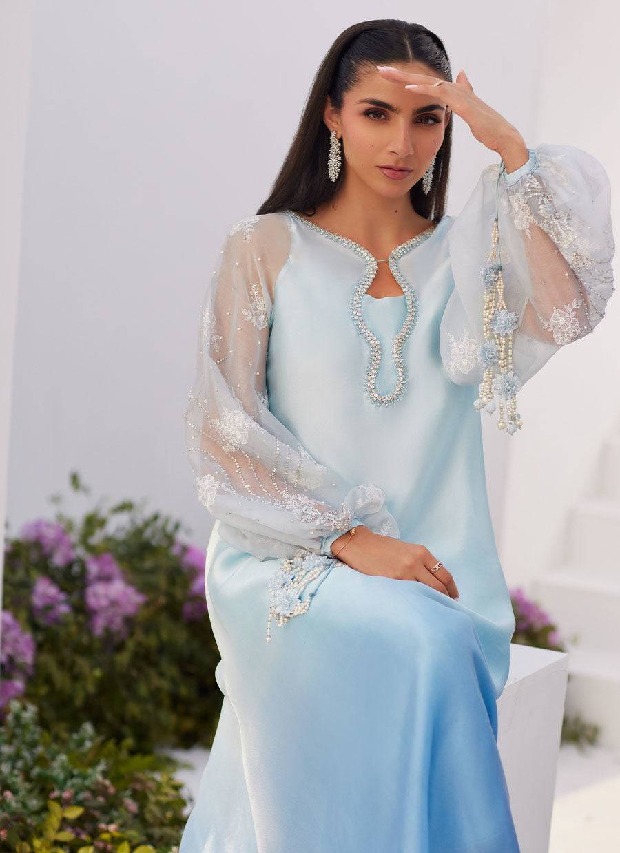 Farah Talib Aziz | Zaza Luxe Pret 24 | BOW OMBRE BLUE EMBELLISHED KAFTAN CUT SHIRT - Pakistani Designer Dress - by Farah Talib Aziz | Type: Luxury - 100% Original at Saira Sultan