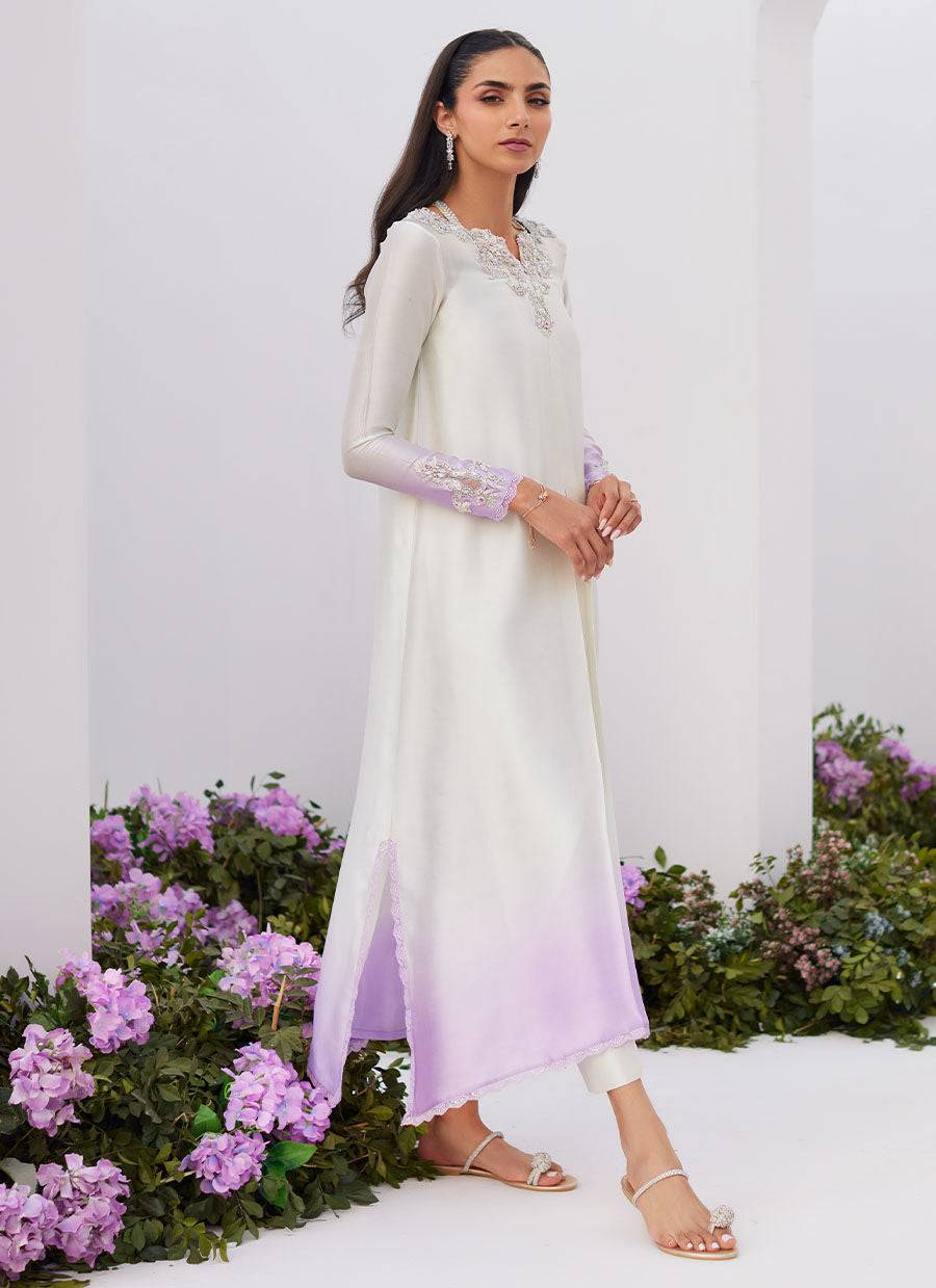 Farah Talib Aziz | Zaza Luxe Pret 24 | LIQUE SILVER OMBRE EMBELLISHED KAFTAAN CUT SHIRT - Pakistani Designer Dress - by Farah Talib Aziz | Type: Luxury - 100% Original at Saira Sultan