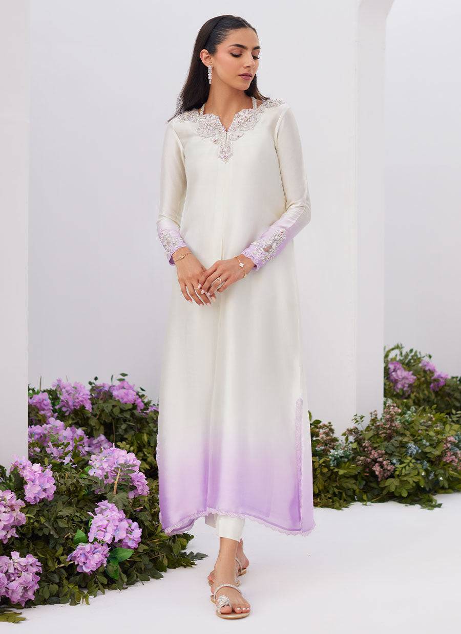 Farah Talib Aziz | Zaza Luxe Pret 24 | LIQUE SILVER OMBRE EMBELLISHED KAFTAAN CUT SHIRT - Pakistani Designer Dress - by Farah Talib Aziz | Type: Luxury - 100% Original at Saira Sultan