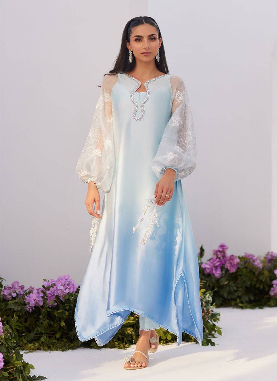 Farah Talib Aziz | Zaza Luxe Pret 24 | BOW OMBRE BLUE EMBELLISHED KAFTAN CUT SHIRT - Pakistani Designer Dress - by Farah Talib Aziz | Type: Luxury - 100% Original at Saira Sultan