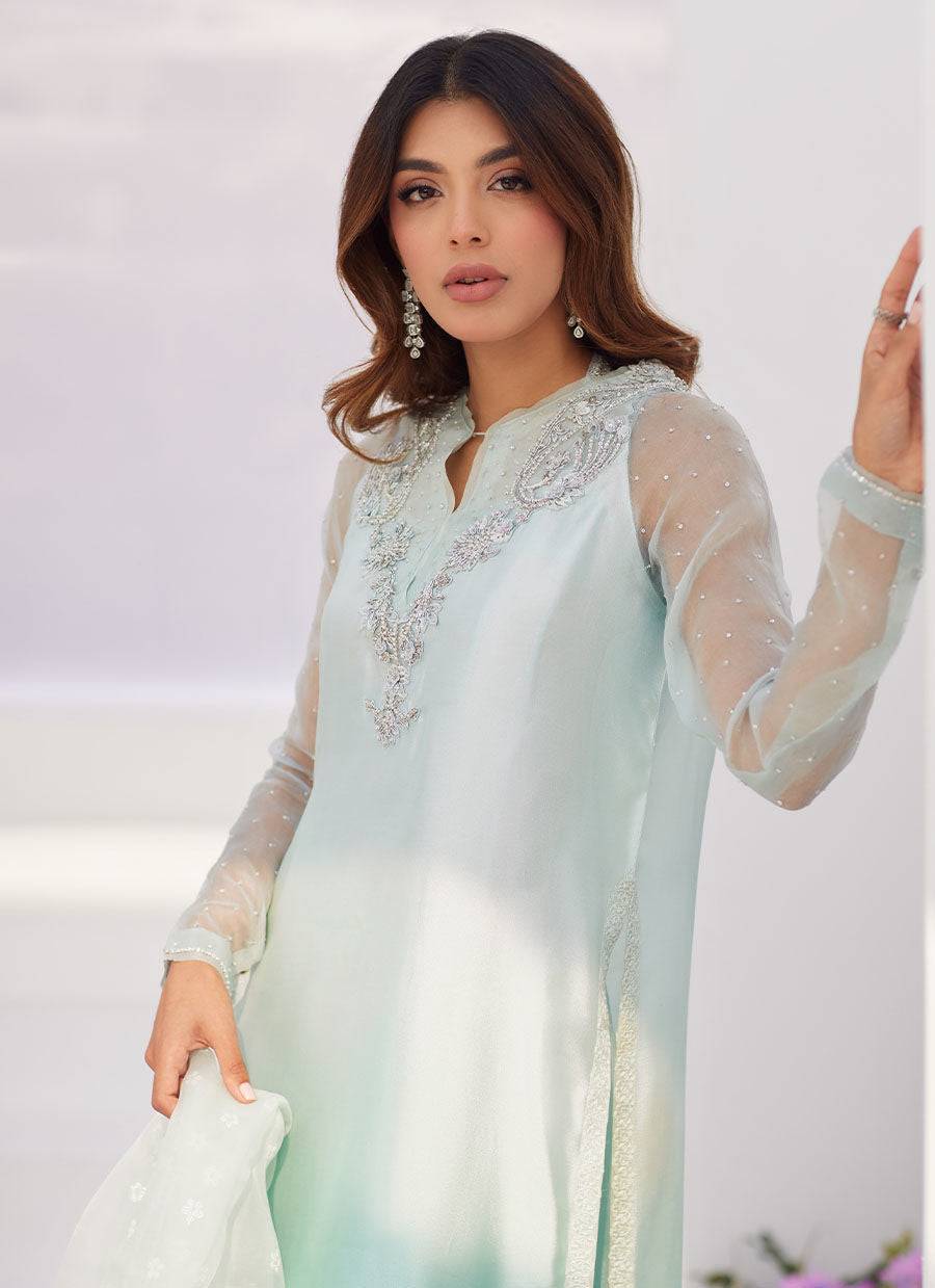 Farah Talib Aziz | Zaza Luxe Pret 24 | SOLENE AQUA OMBRE EMBELLISHED COLUMN SHIRT WITH EMBROIDERED KALIDAAR SLIP - Pakistani Designer Dress - by Farah Talib Aziz | Type: Luxury - 100% Original at Saira Sultan