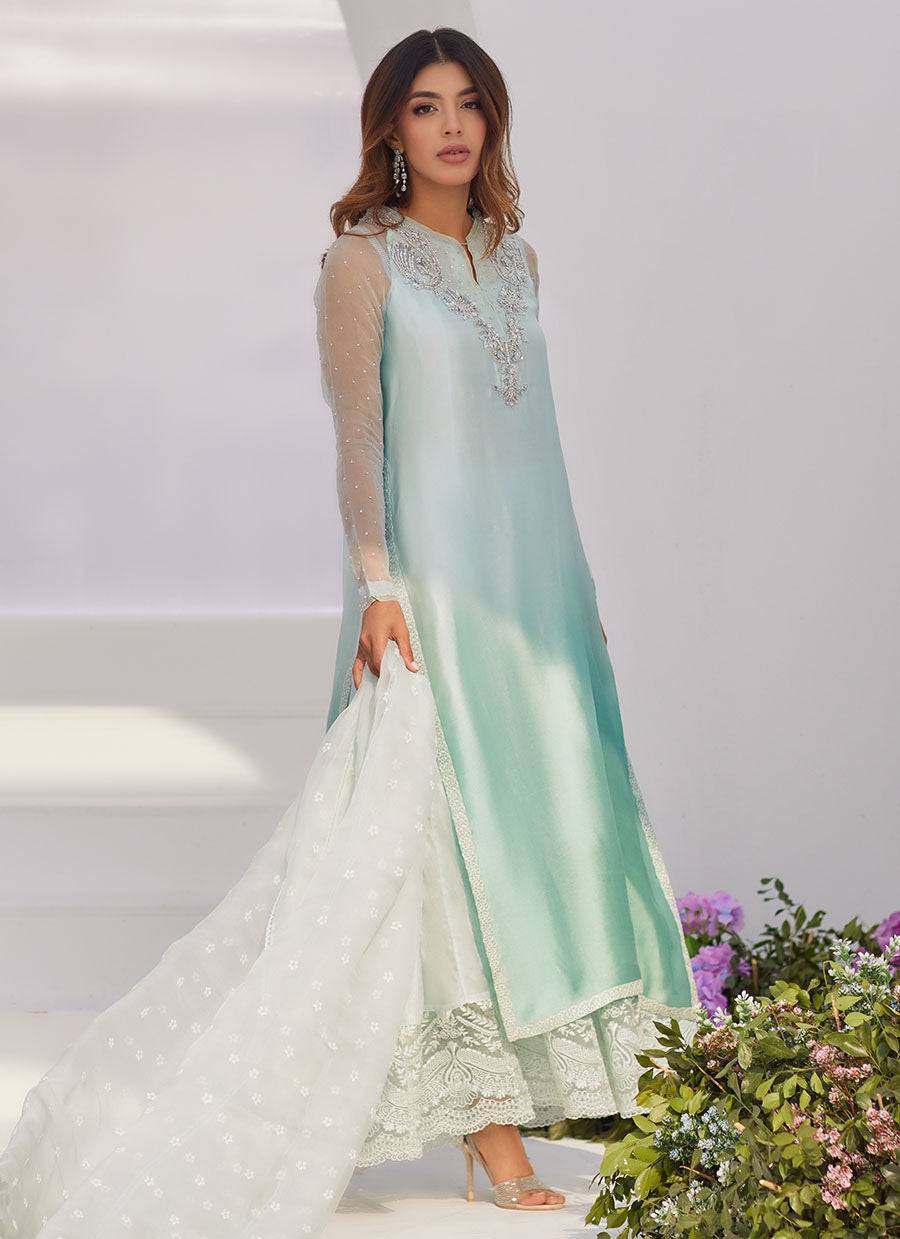 Farah Talib Aziz | Zaza Luxe Pret 24 | SOLENE AQUA OMBRE EMBELLISHED COLUMN SHIRT WITH EMBROIDERED KALIDAAR SLIP - Pakistani Designer Dress - by Farah Talib Aziz | Type: Luxury - 100% Original at Saira Sultan