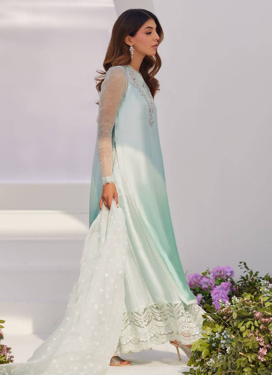 Farah Talib Aziz | Zaza Luxe Pret 24 | SOLENE AQUA OMBRE EMBELLISHED COLUMN SHIRT WITH EMBROIDERED KALIDAAR SLIP - Pakistani Designer Dress - by Farah Talib Aziz | Type: Luxury - 100% Original at Saira Sultan