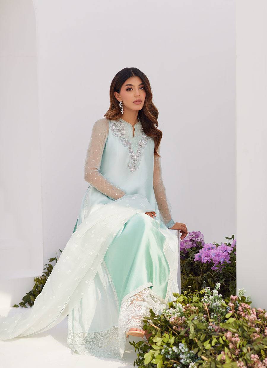Farah Talib Aziz | Zaza Luxe Pret 24 | SOLENE AQUA OMBRE EMBELLISHED COLUMN SHIRT WITH EMBROIDERED KALIDAAR SLIP - Pakistani Designer Dress - by Farah Talib Aziz | Type: Luxury - 100% Original at Saira Sultan