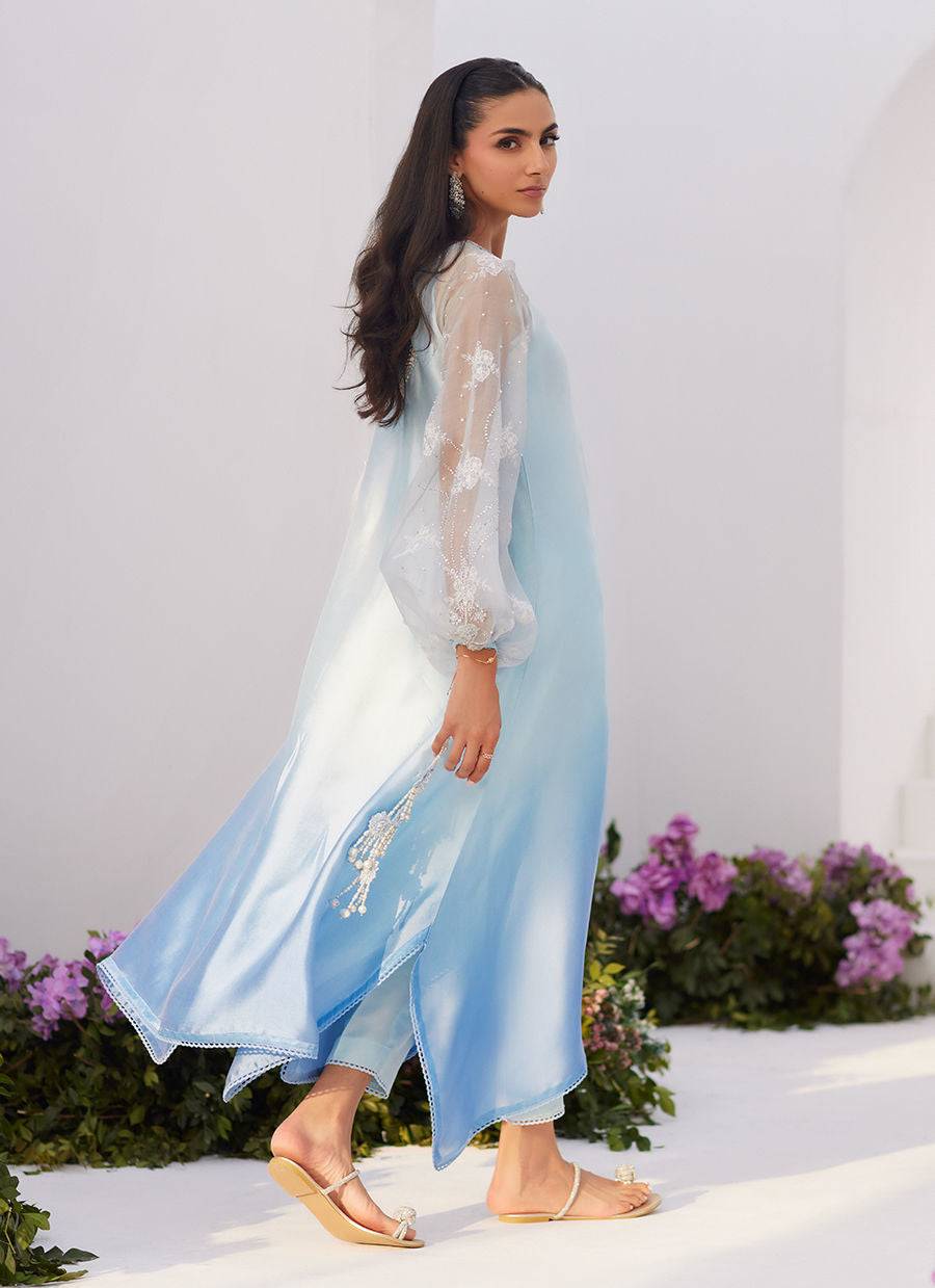 Farah Talib Aziz | Zaza Luxe Pret 24 | BOW OMBRE BLUE EMBELLISHED KAFTAN CUT SHIRT - Pakistani Designer Dress - by Farah Talib Aziz | Type: Luxury - 100% Original at Saira Sultan