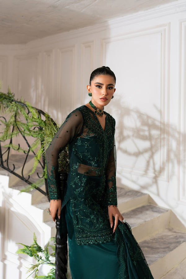 Azzal | Mishri Formals | Ghazal Custom Size Bottle Green Organza