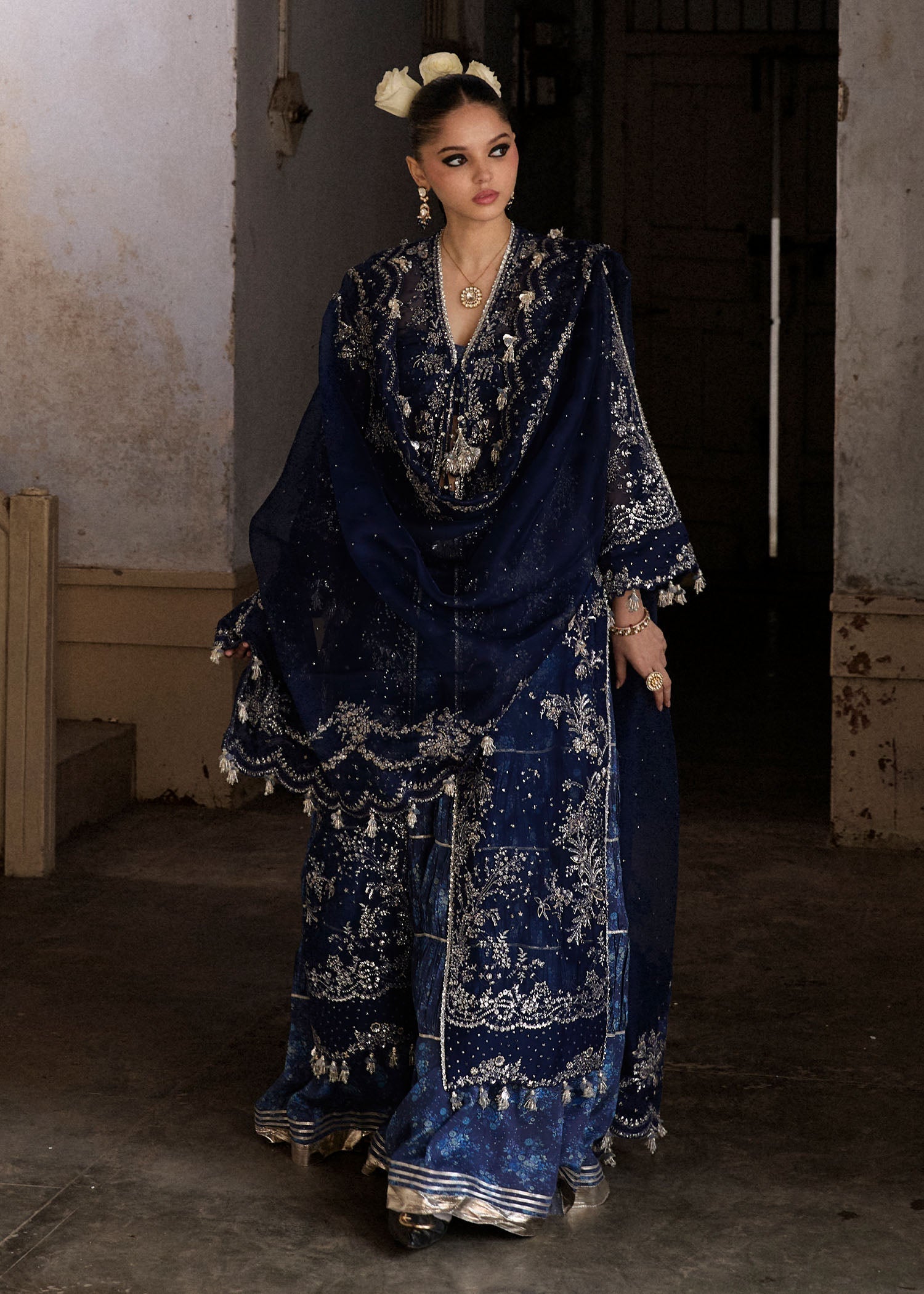 Hussain Rehar | Darlings Festive 25 | Safa XL Navy Blue Organza