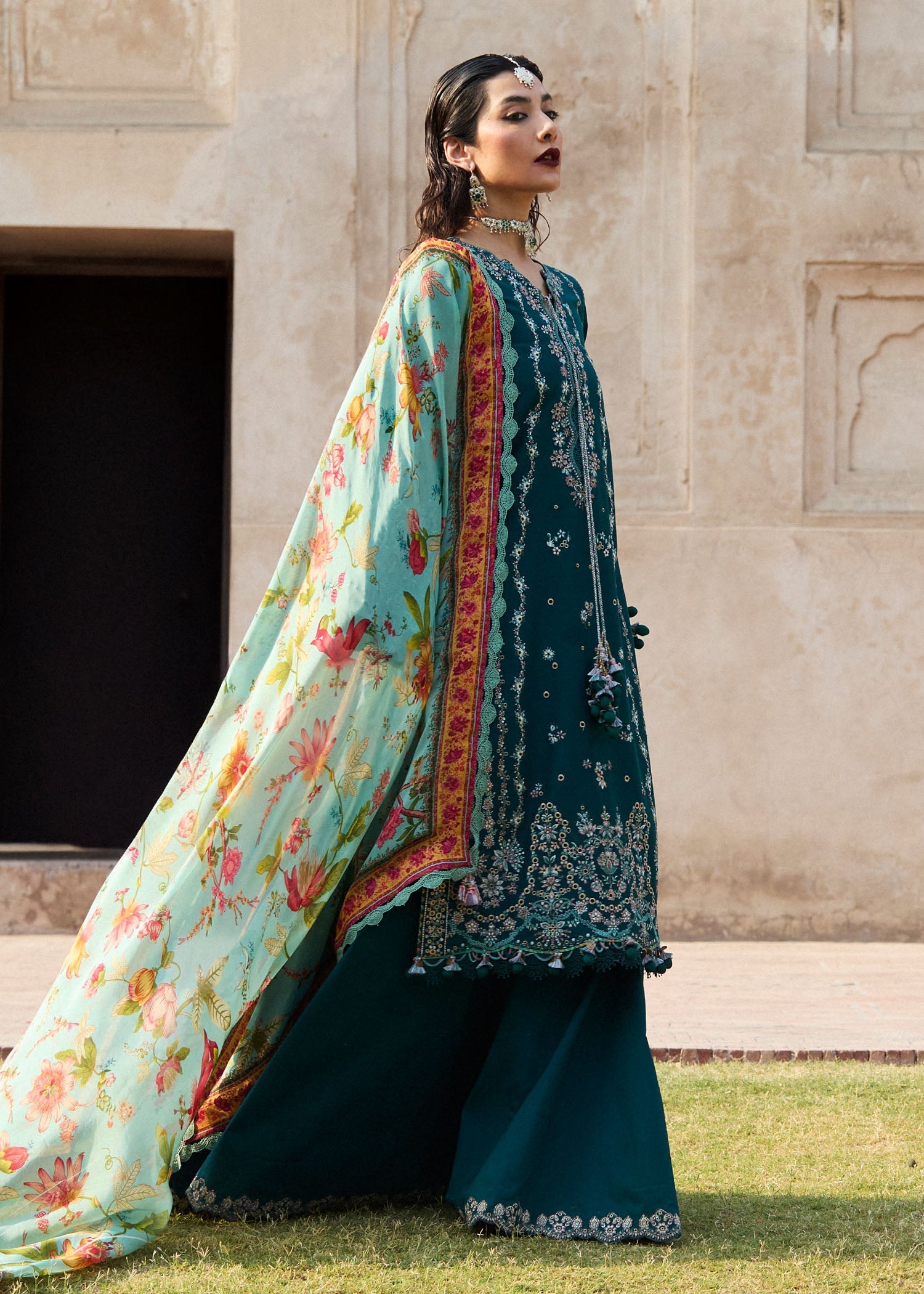 Hussain Rehar | Nirmal SS 25 | Saher M Teal Green Lawn