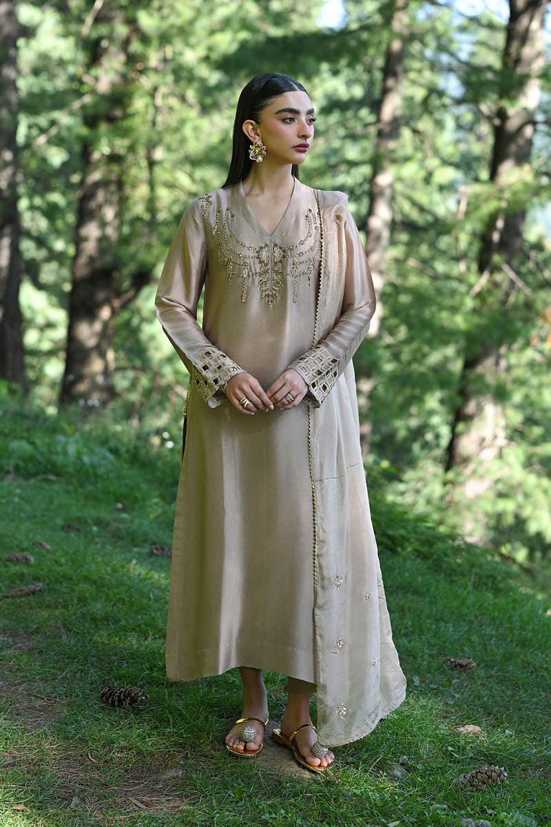 Hue Pret | Farasha Luxury Pret | AFRA XS Dusty Beige Pure Sheesha Silk