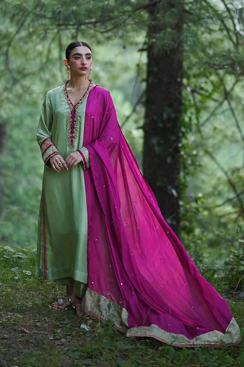 Hue Pret | Farasha Luxury Pret | Mishfa L Pure Silk Apple Green