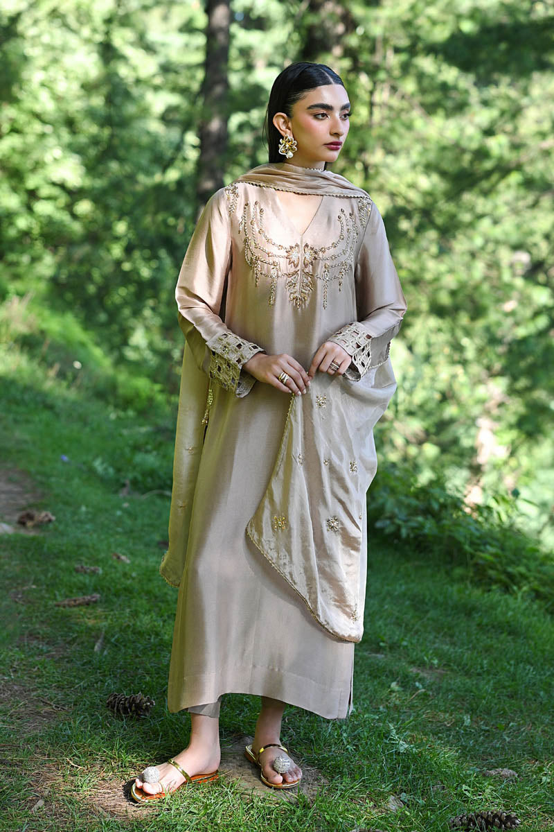 Hue Pret | Farasha Luxury Pret | AFRA L Dusty Beige Pure Sheesha Silk