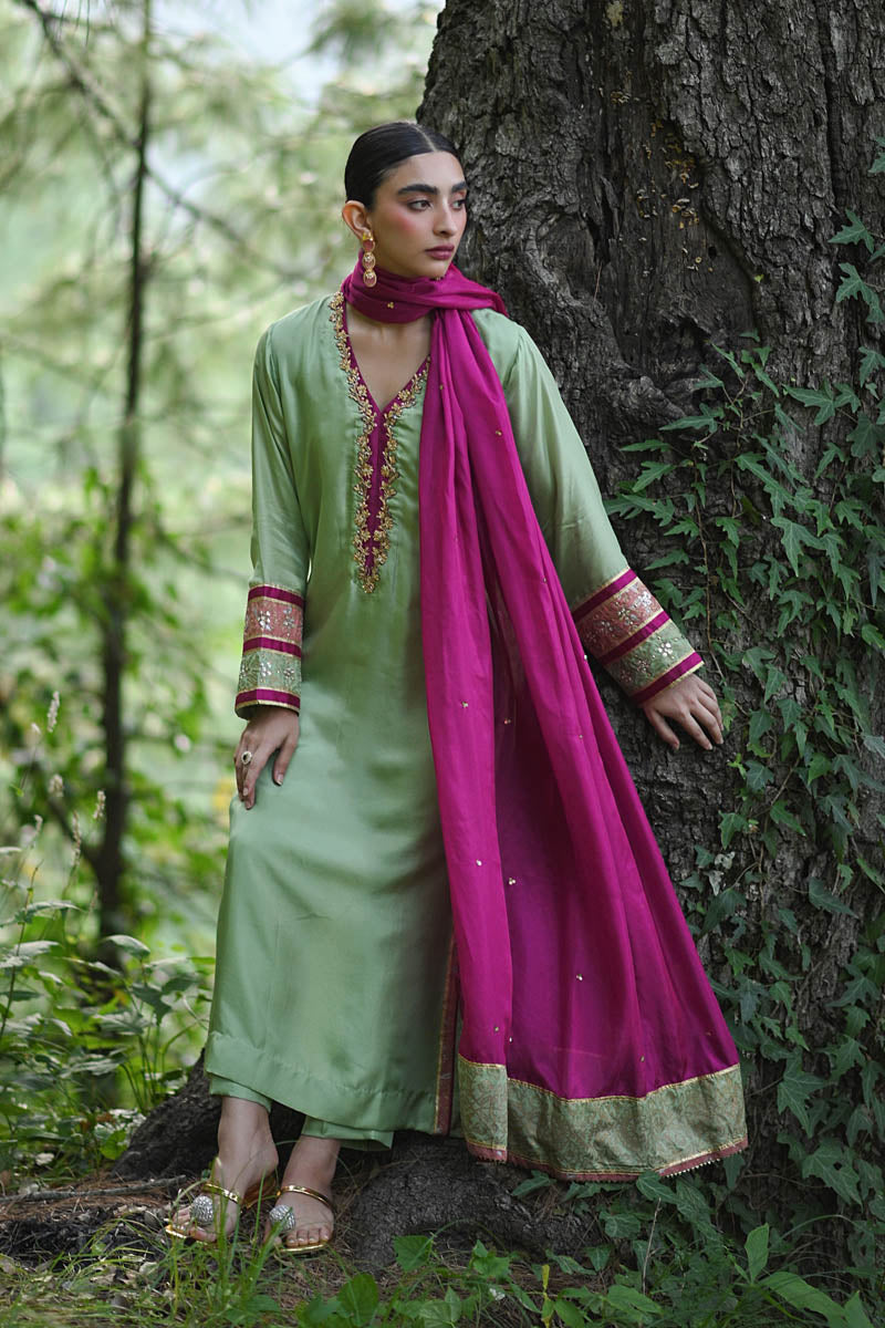 Hue Pret | Farasha Luxury Pret | Mishfa XL Pure Silk Apple Green