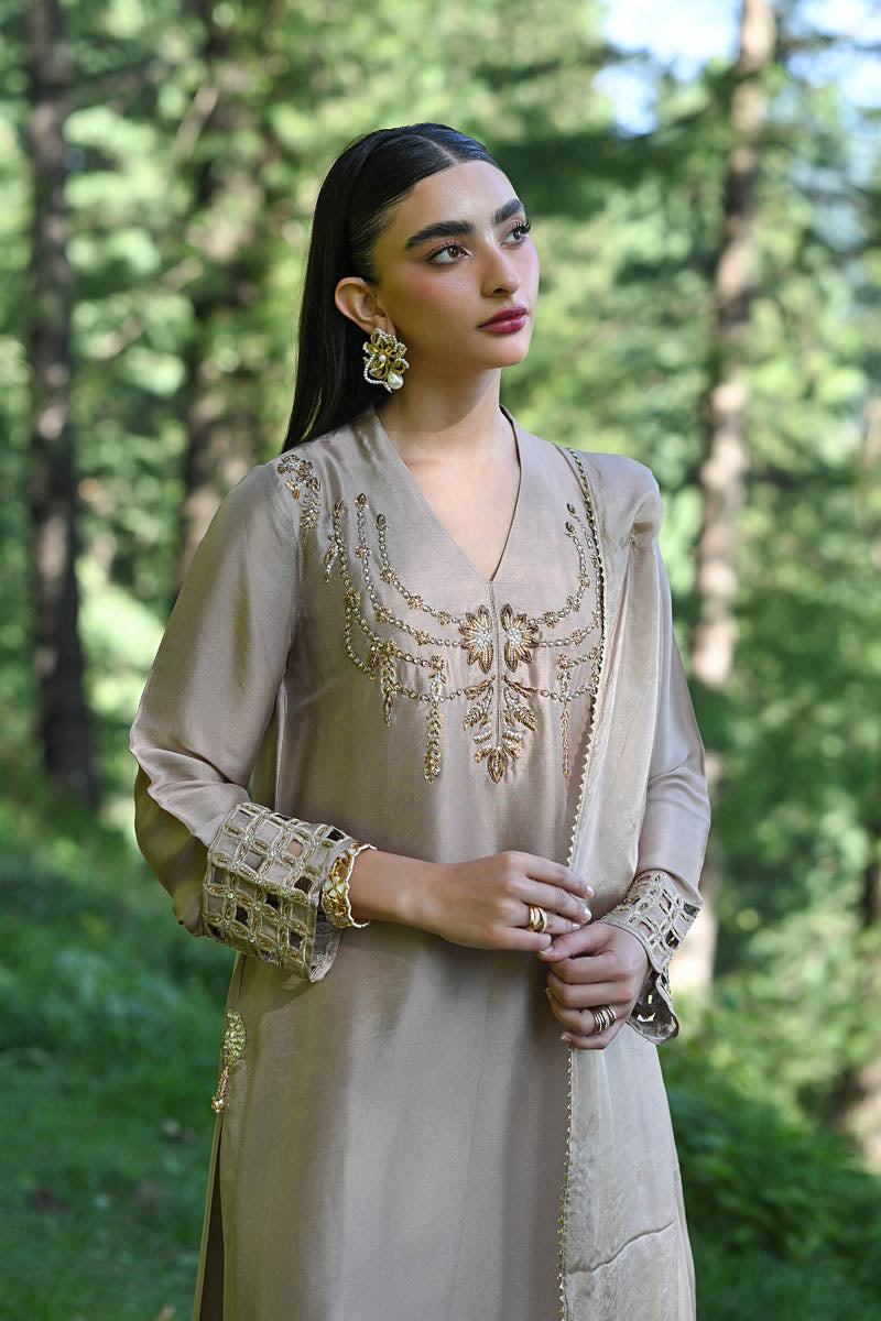 Hue Pret | Farasha Luxury Pret | AFRA M Dusty Beige Pure Sheesha Silk