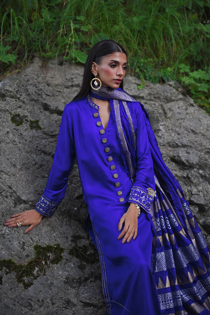 Hue Pret | Farasha Luxury Pret | Livia M Midnight Blue Pure Silk