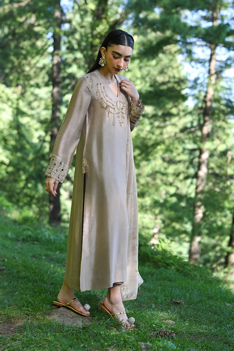 Hue Pret | Farasha Luxury Pret | AFRA Custom Size Dusty Beige Pure Sheesha Silk