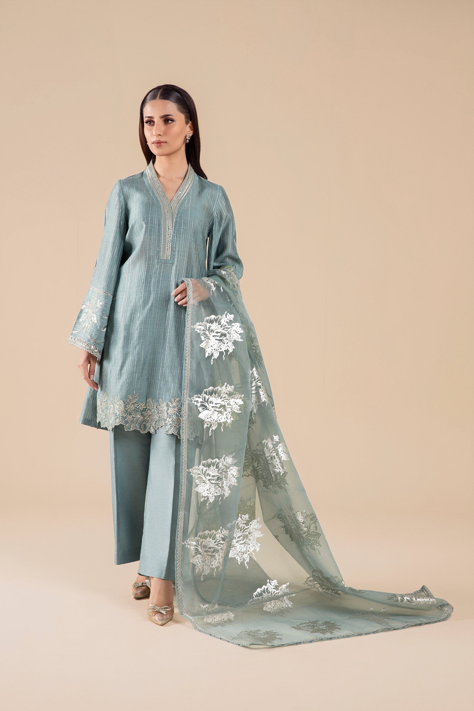 Maria B | Basics RTW | 3 Pc Embroidered Two Tone Lurex Silk Suit | MB-FS25-28 XS Aqua Silk