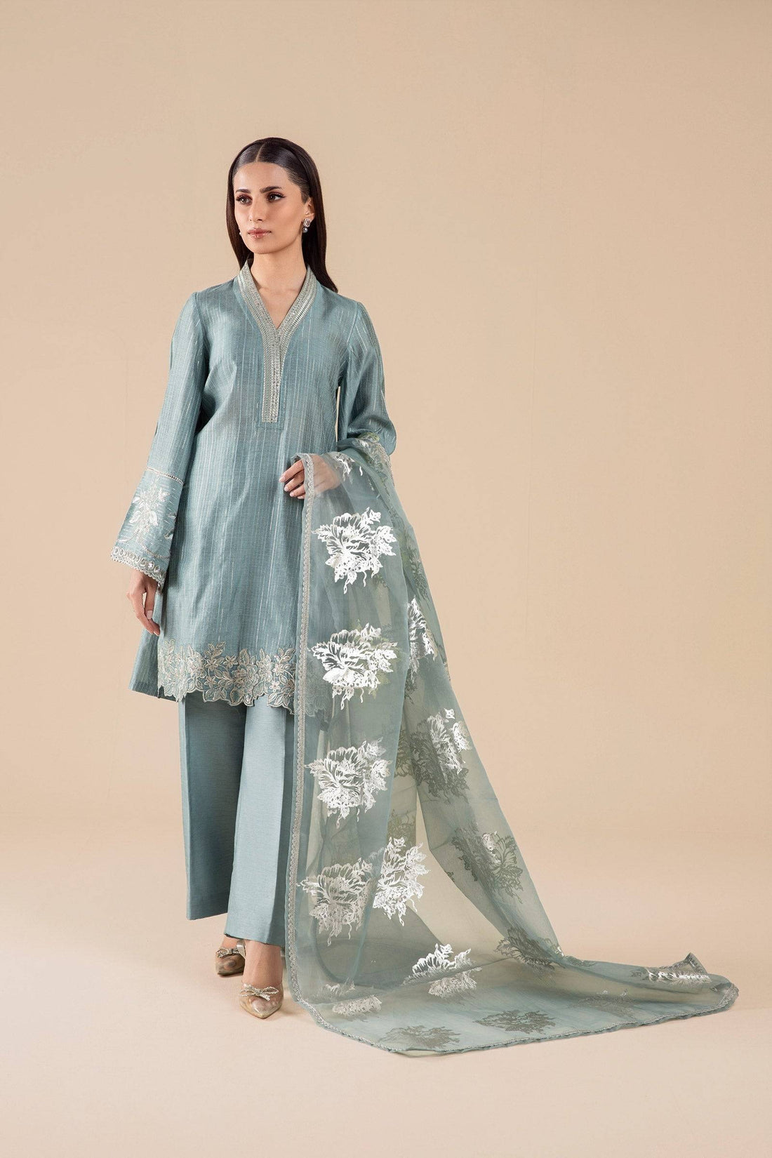 Maria B | Basics RTW | 3 Pc Embroidered Two Tone Lurex Silk Suit | MB-FS25-28 - Pakistani Designer Dress - by Maria B | Type: Ladies Clothes - 100% Original at Saira Sultan
