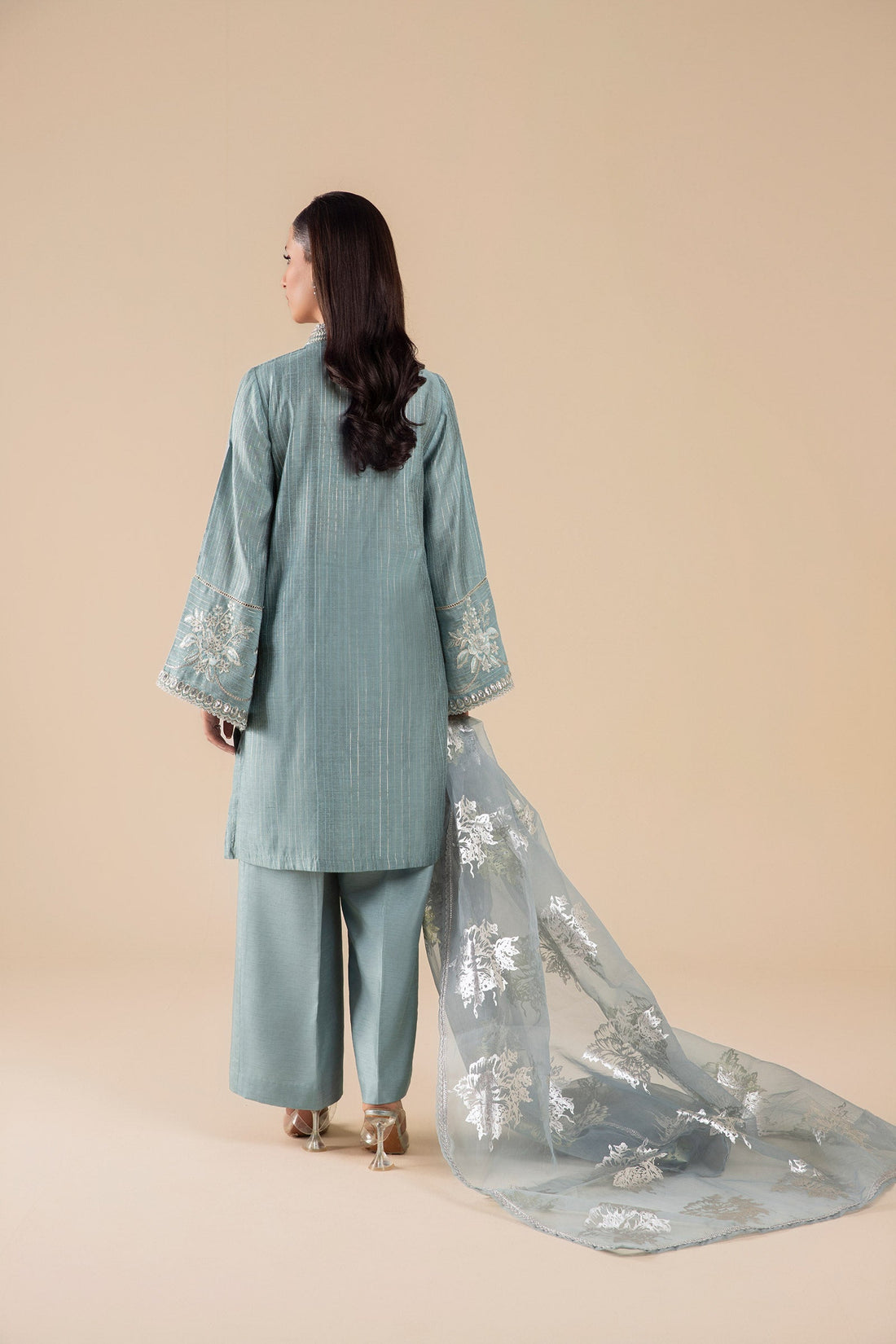 Maria B | Basics RTW | 3 Pc Embroidered Two Tone Lurex Silk Suit | MB-FS25-28 XS Aqua Silk
