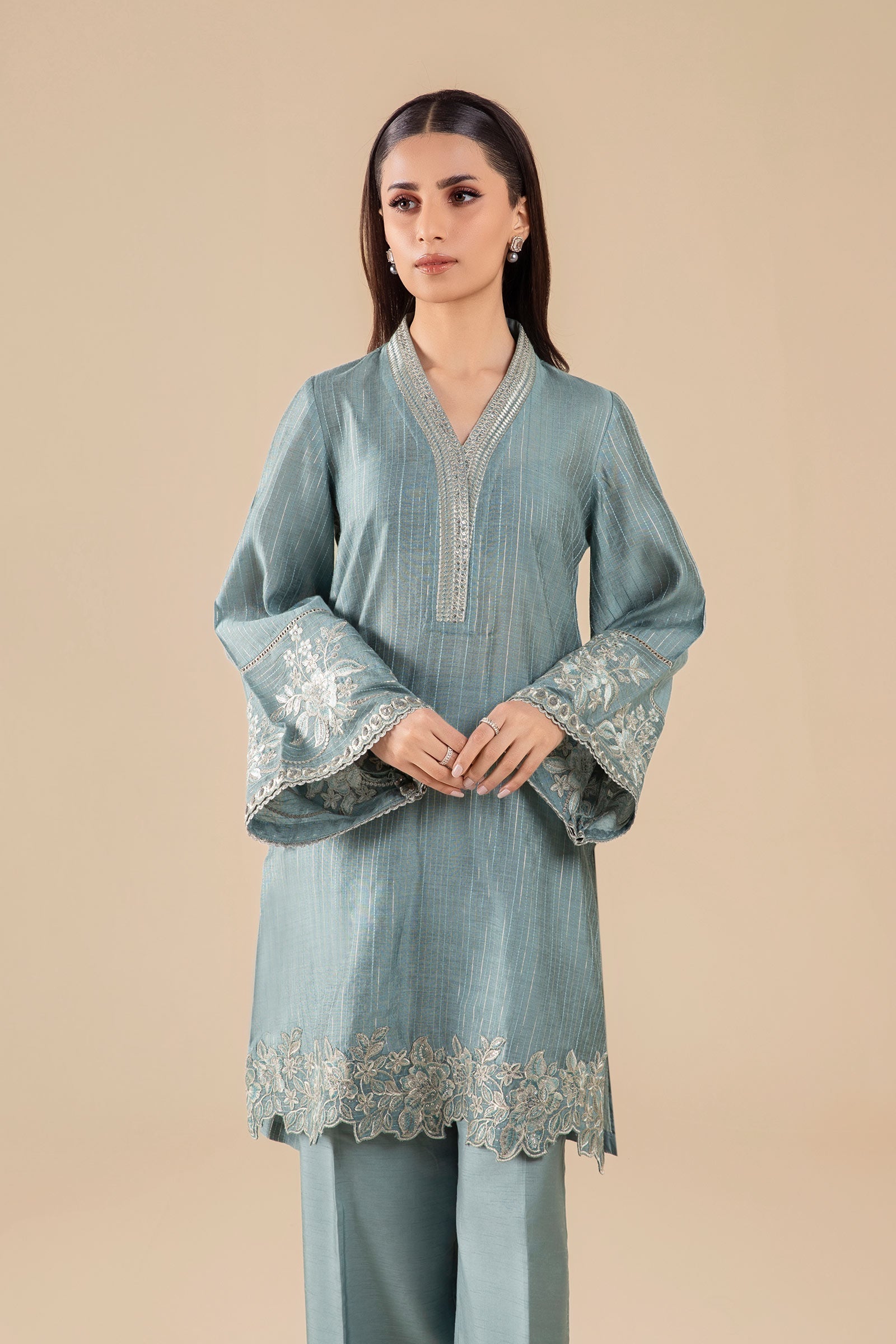 Maria B | Basics RTW | 3 Pc Embroidered Two Tone Lurex Silk Suit | MB-FS25-28 M Aqua Silk