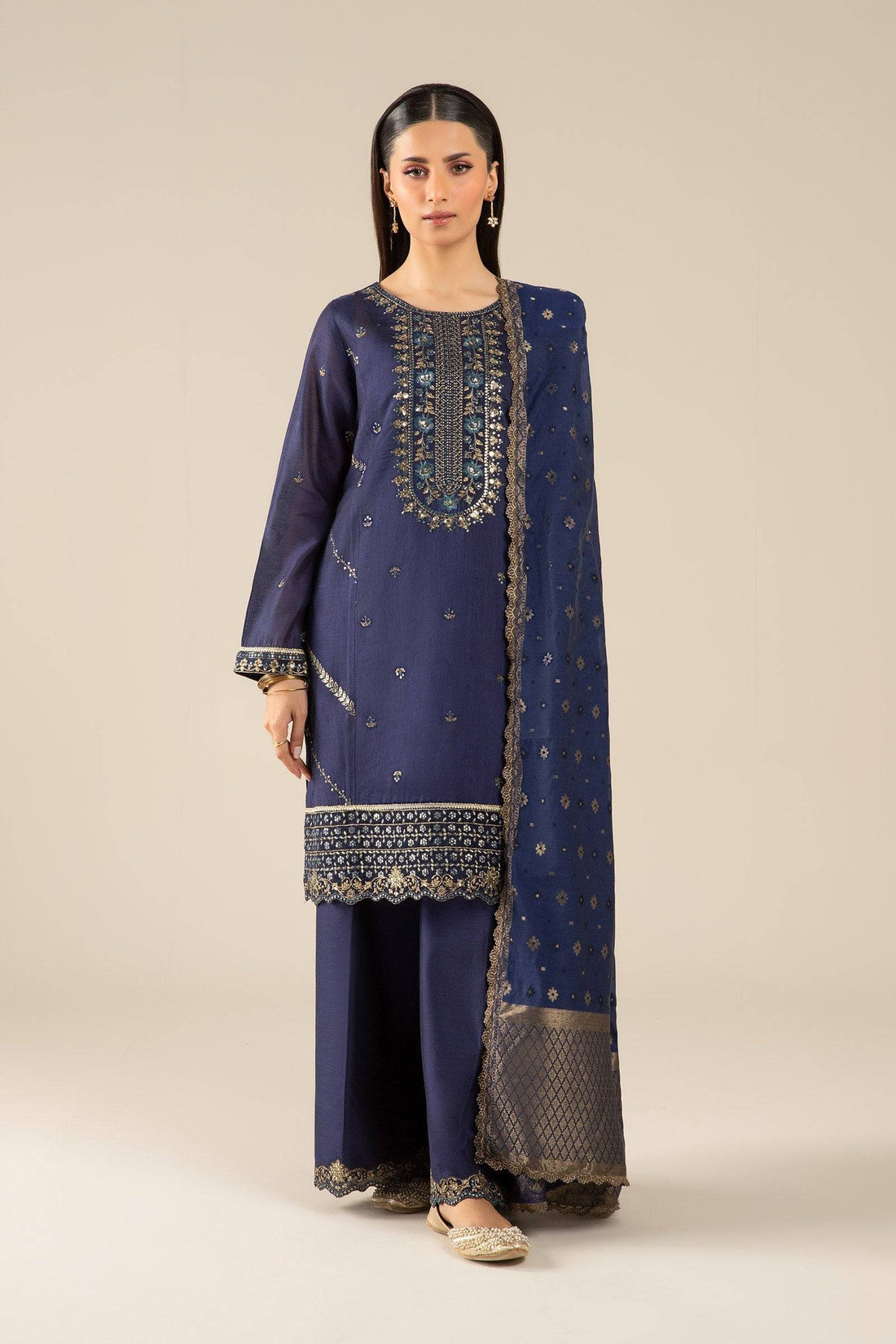 Maria B | Basics RTW | 3 Pc Embroidered Two Tone Silk Suit | MB-FS25-30 - Pakistani Designer Dress - by Maria B | Type: Ladies Clothes - 100% Original at Saira Sultan