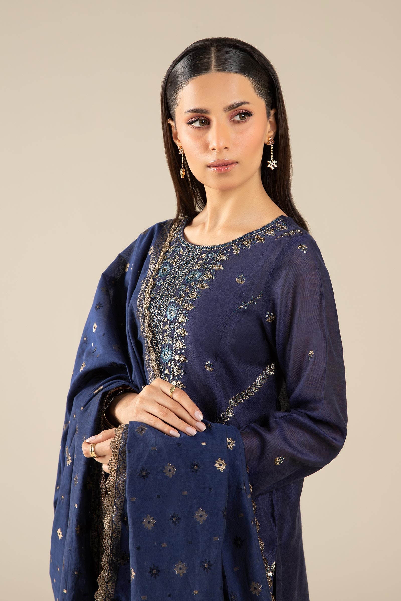 Maria B | Basics RTW | 3 Pc Embroidered Two Tone Silk Suit | MB-FS25-30 M Blue Silk