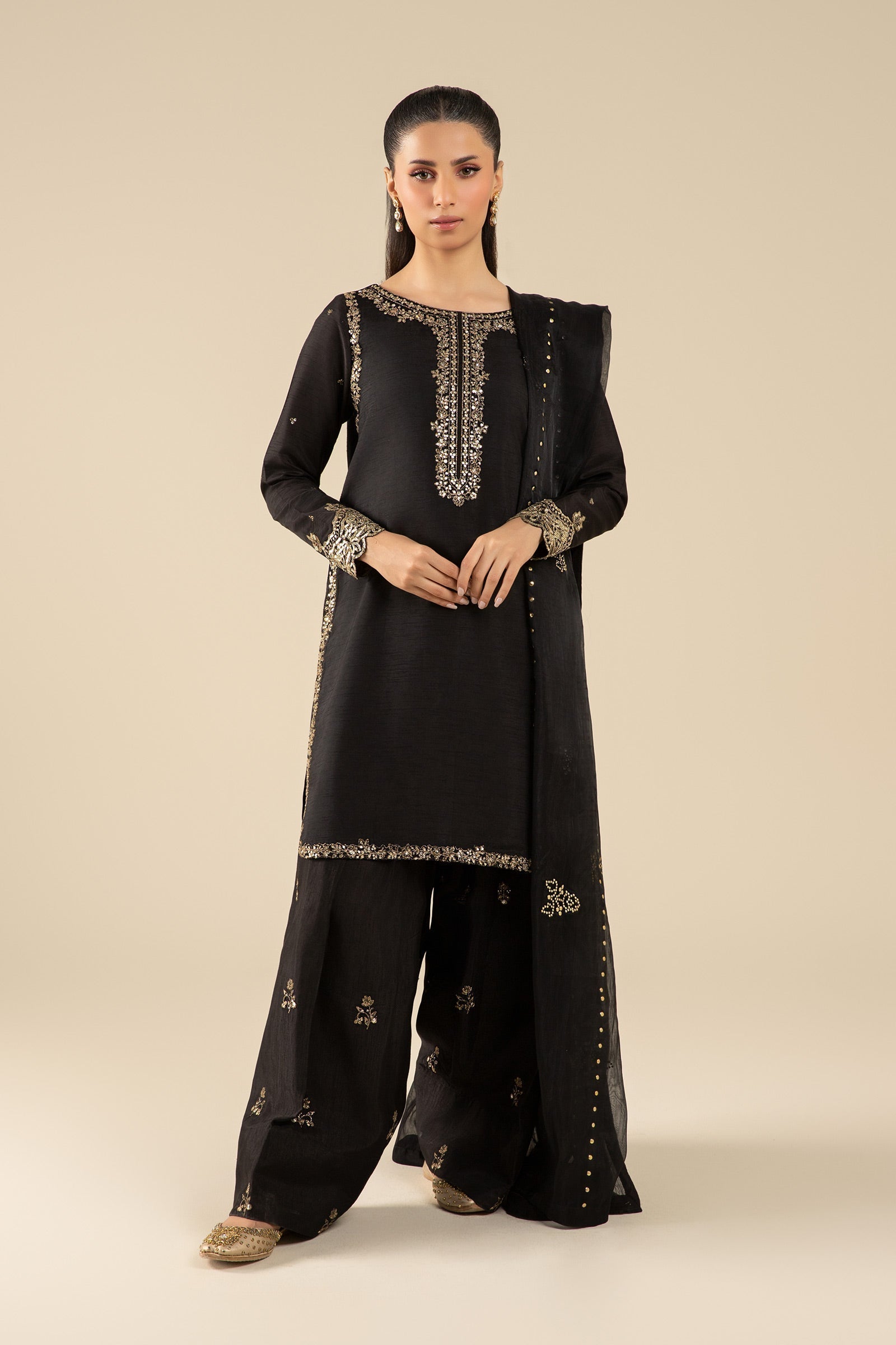 Maria B | Basics RTW | 3 Pc Embroidered Raw Silk Suit | MB-FS25-32-B S Black Silk