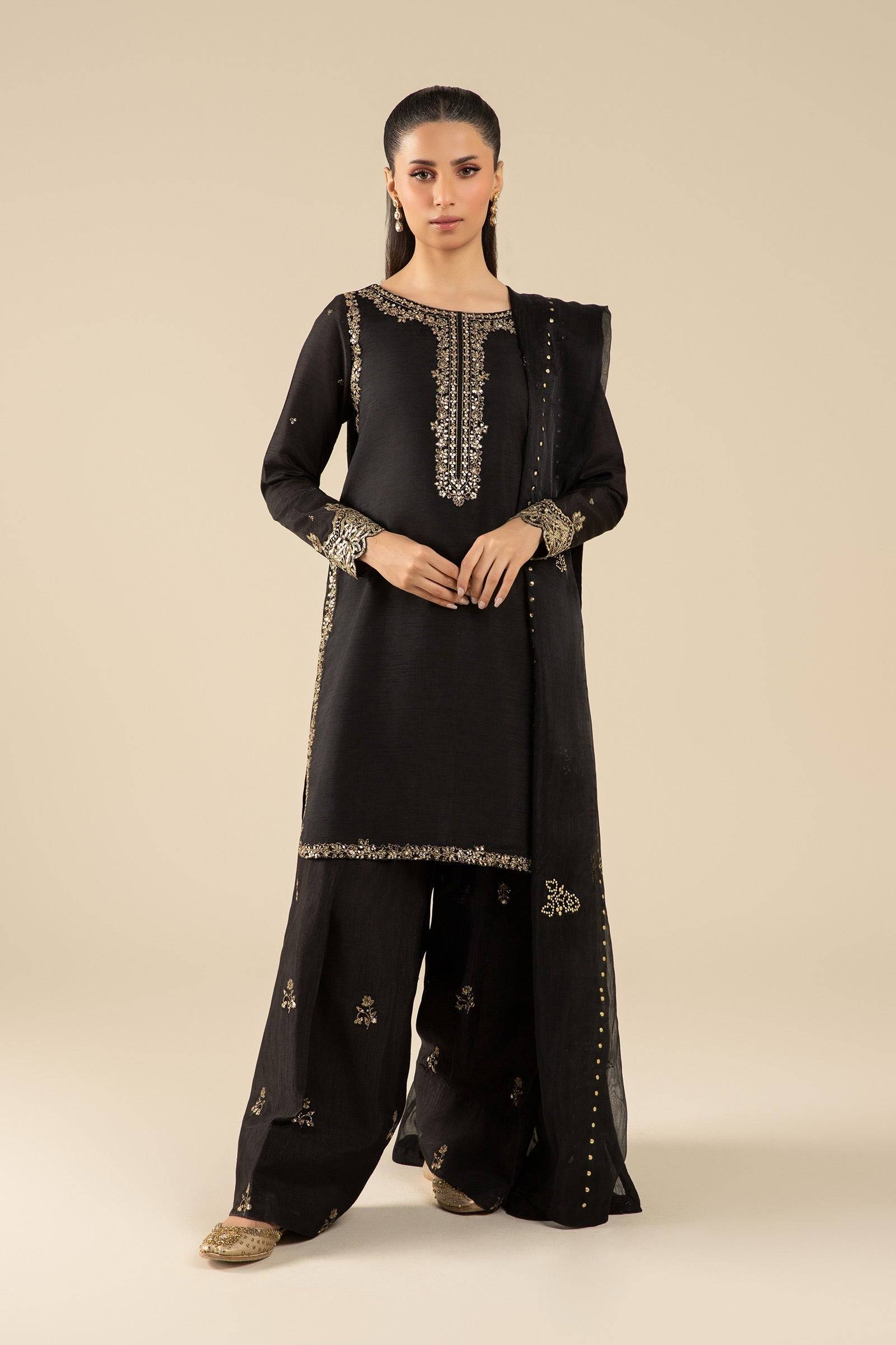Maria B | Basics RTW | 3 Pc Embroidered Raw Silk Suit | MB-FS25-32-B - Pakistani Designer Dress - by Maria B | Type: Ladies Clothes - 100% Original at Saira Sultan