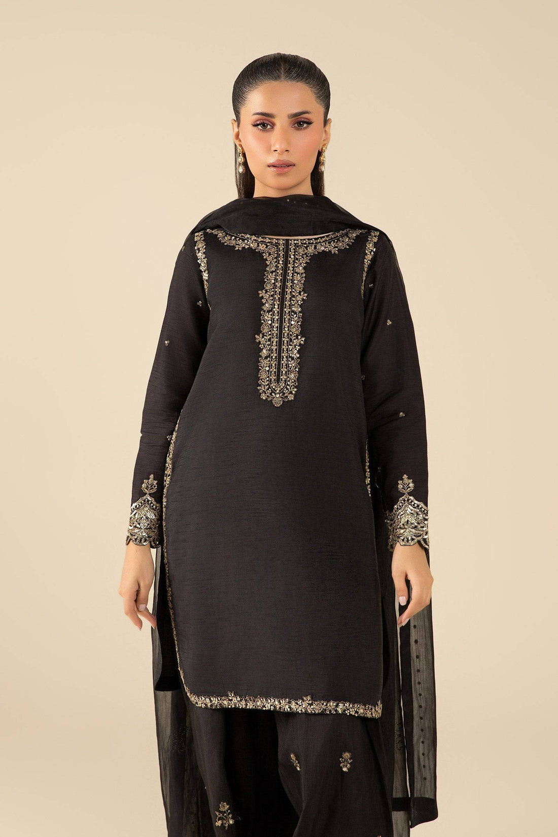 Maria B | Basics RTW | 3 Pc Embroidered Raw Silk Suit | MB-FS25-32-B - Pakistani Designer Dress - by Maria B | Type: Ladies Clothes - 100% Original at Saira Sultan