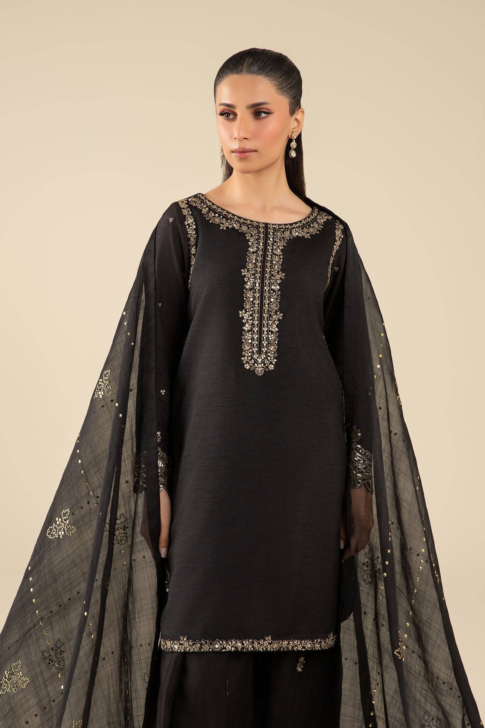 Maria B | Basics RTW | 3 Pc Embroidered Raw Silk Suit | MB-FS25-32-B - Pakistani Designer Dress - by Maria B | Type: Ladies Clothes - 100% Original at Saira Sultan